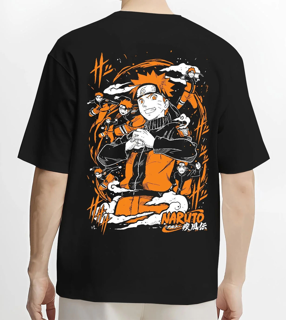 Black T-shirt worn by male model from the back featuring Naruto Uzumaki Shadow Clone Jutsu artwork.