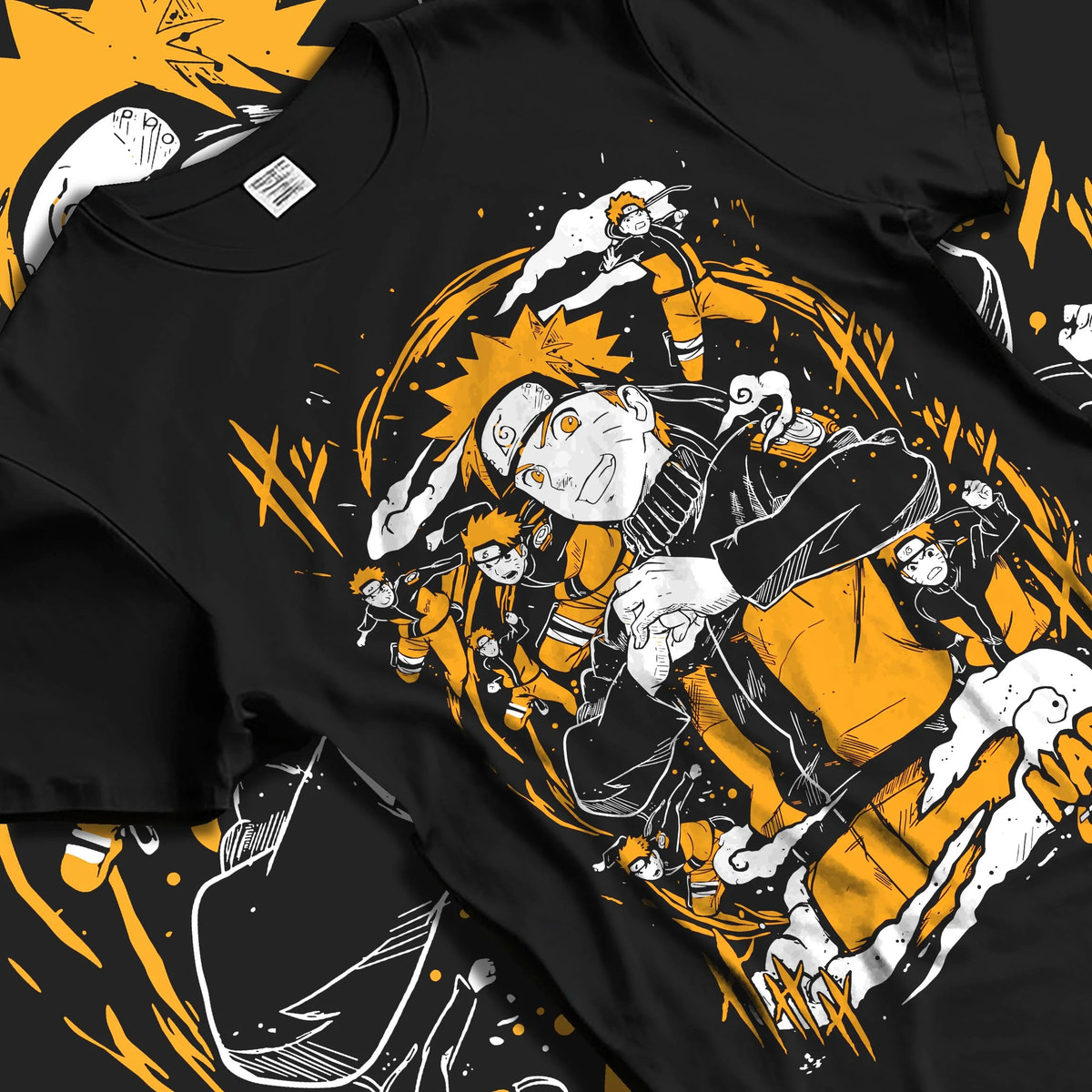 Black T-shirt laid flat with natural folds featuring Naruto Uzumaki Shadow Clone Jutsu artwork.