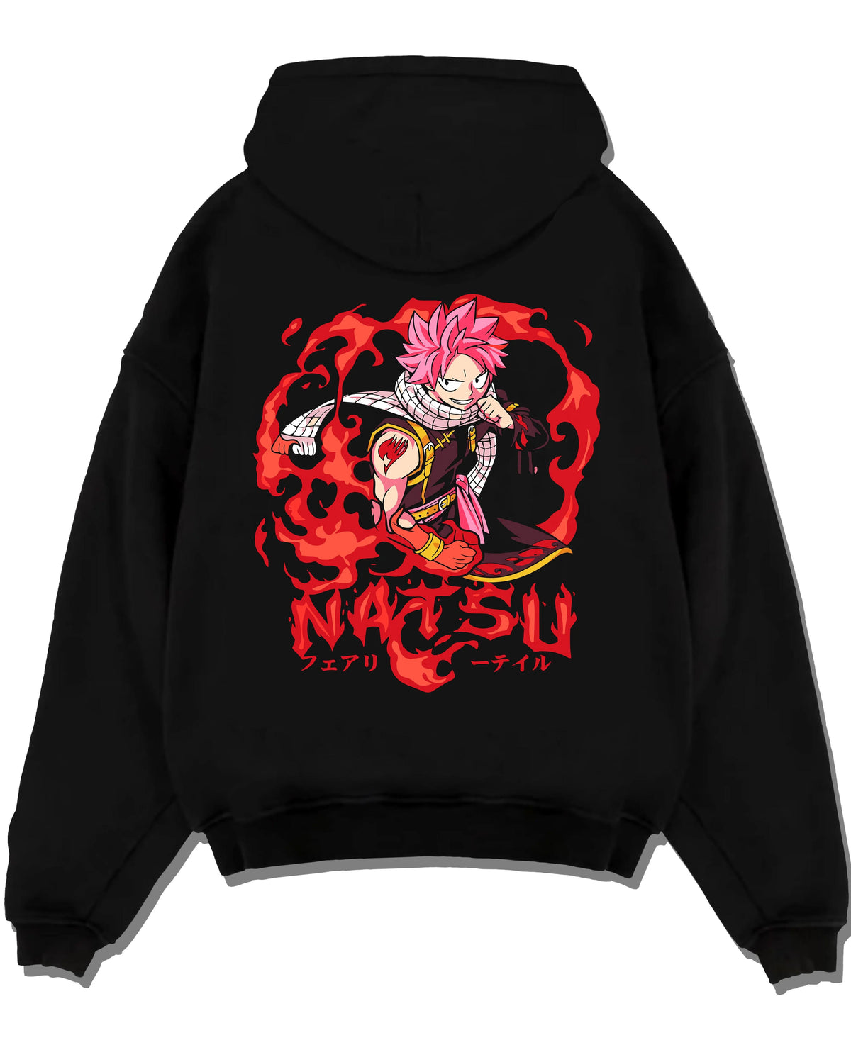 Black hoodie laid flat featuring Natsu Dragneel Fire Dragon Slayer artwork.