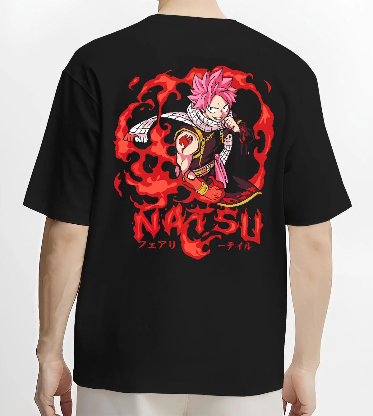Black T-shirt worn by male model from the back featuring Natsu Dragneel Fire Dragon Slayer artwork.
