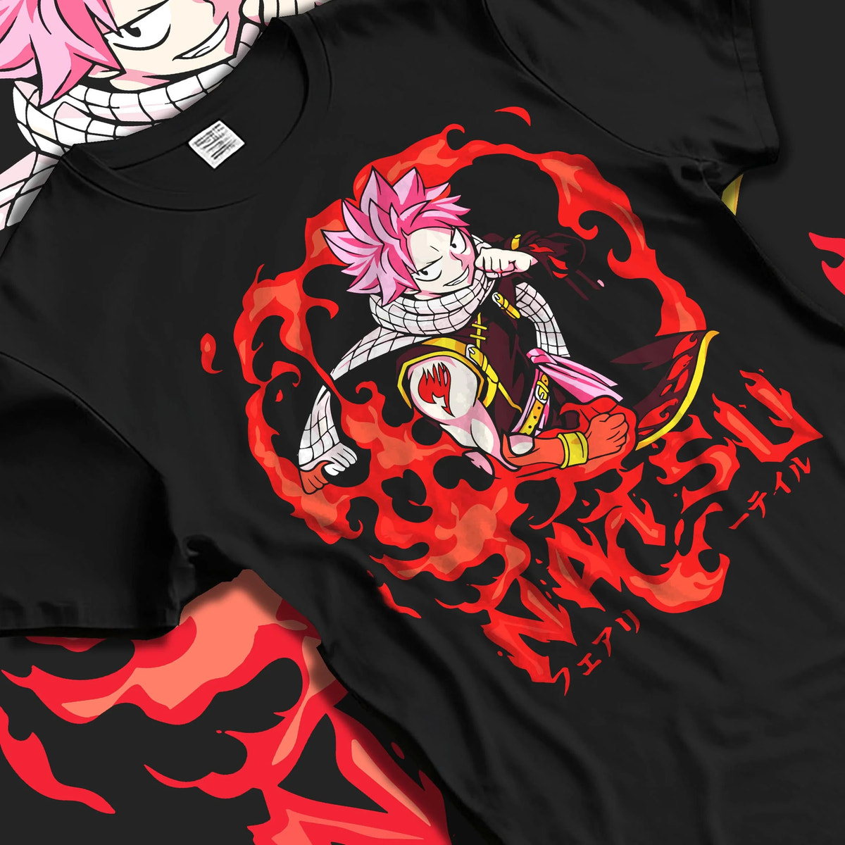 Black T-shirt laid flat with natural folds featuring Natsu Dragneel Fire Dragon Slayer artwork.