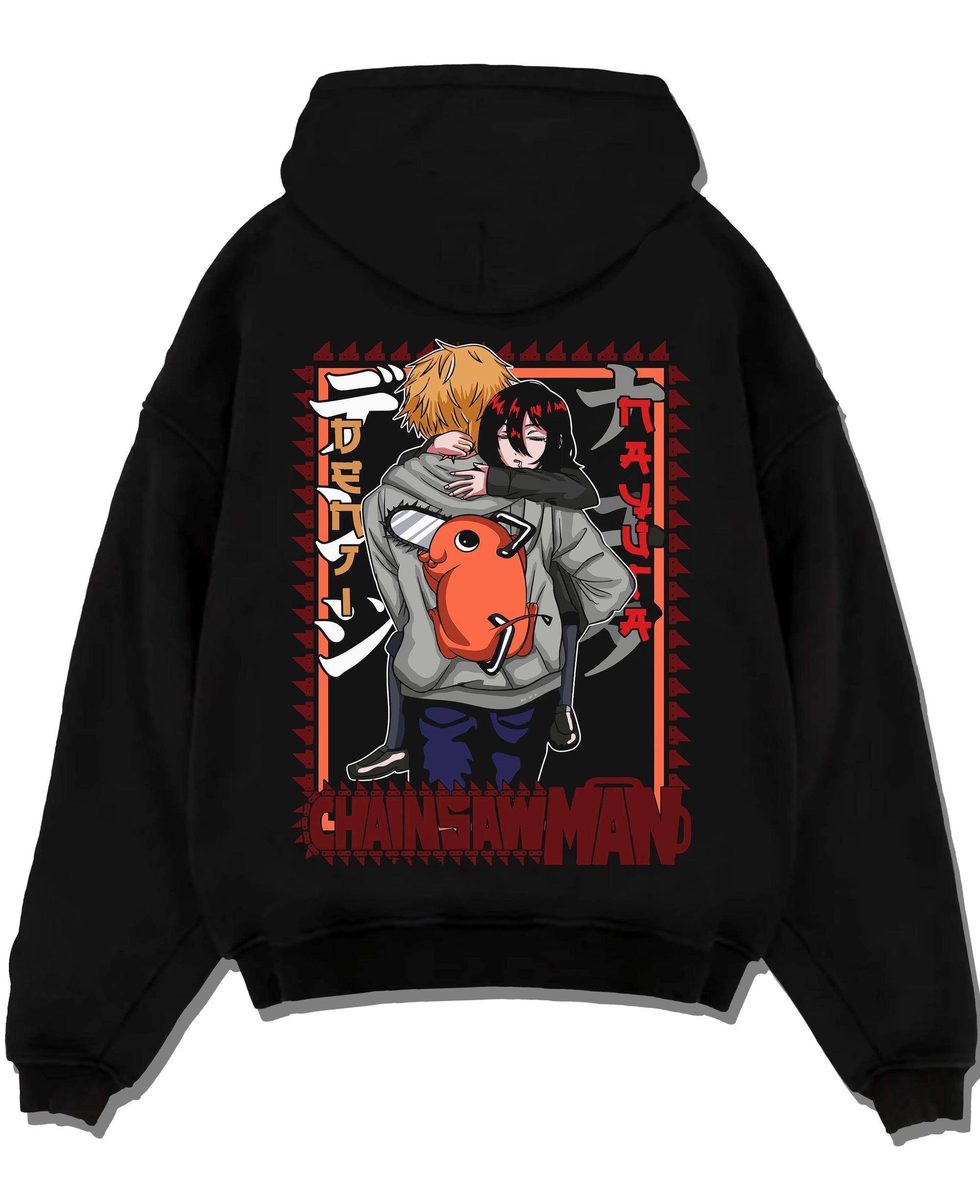 Black pullover hoodie laid flat with Nayuta Hoodie Chainsaw Man Future Devil Girl Design graphic bold anime graphic.