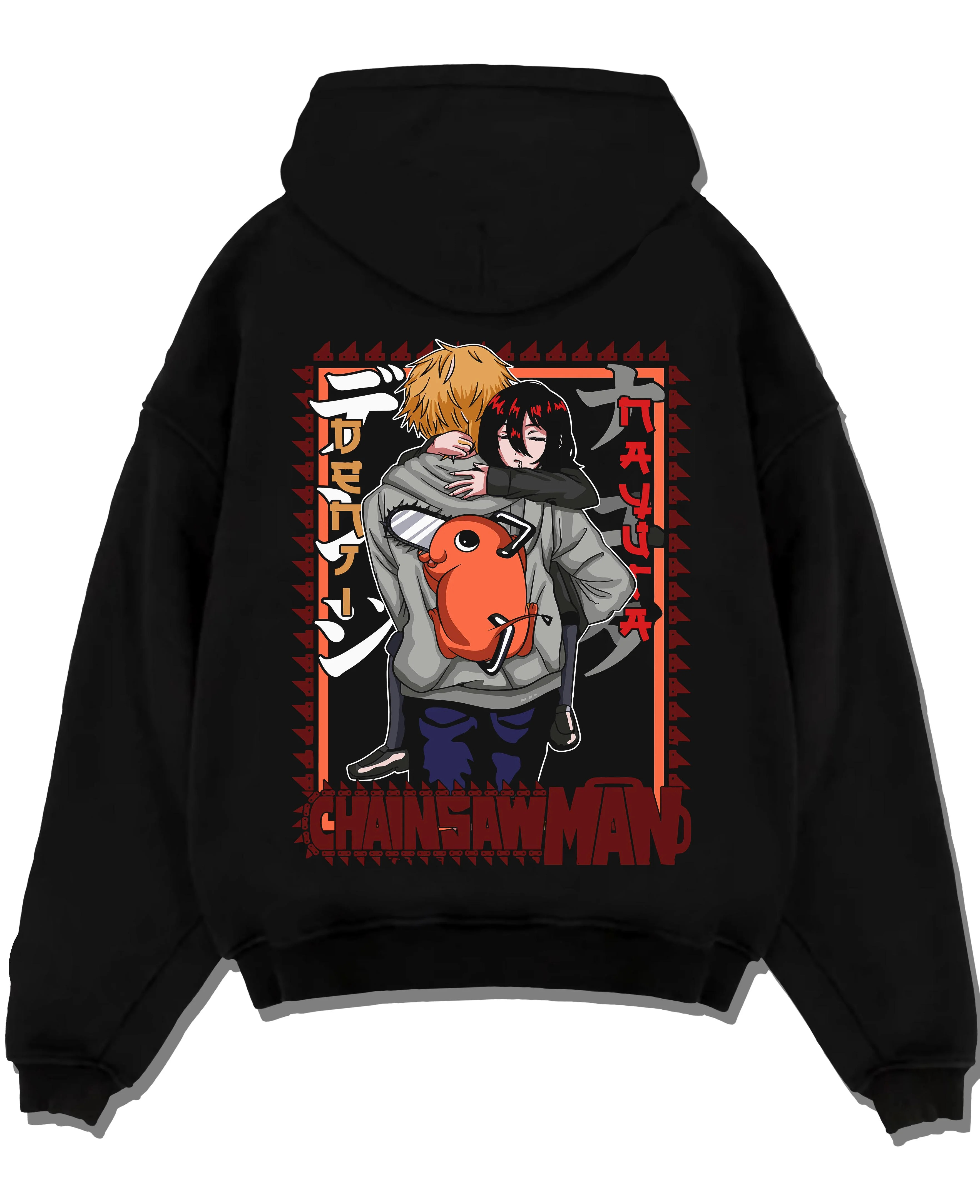 Black pullover hoodie laid flat with Nayuta Hoodie Chainsaw Man Future Devil Girl Design graphic bold anime graphic.