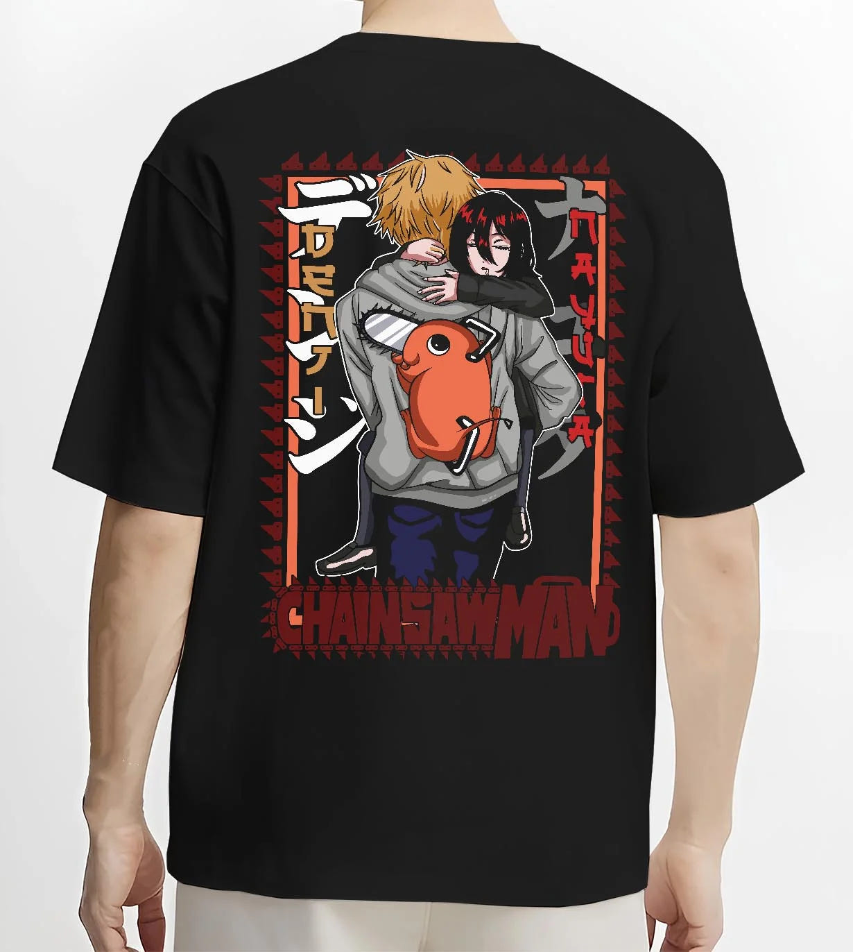 Black T-shirt worn by male model, back view with Nayuta Hoodie Chainsaw Man Future Devil Girl Design graphic bold anime graphic.