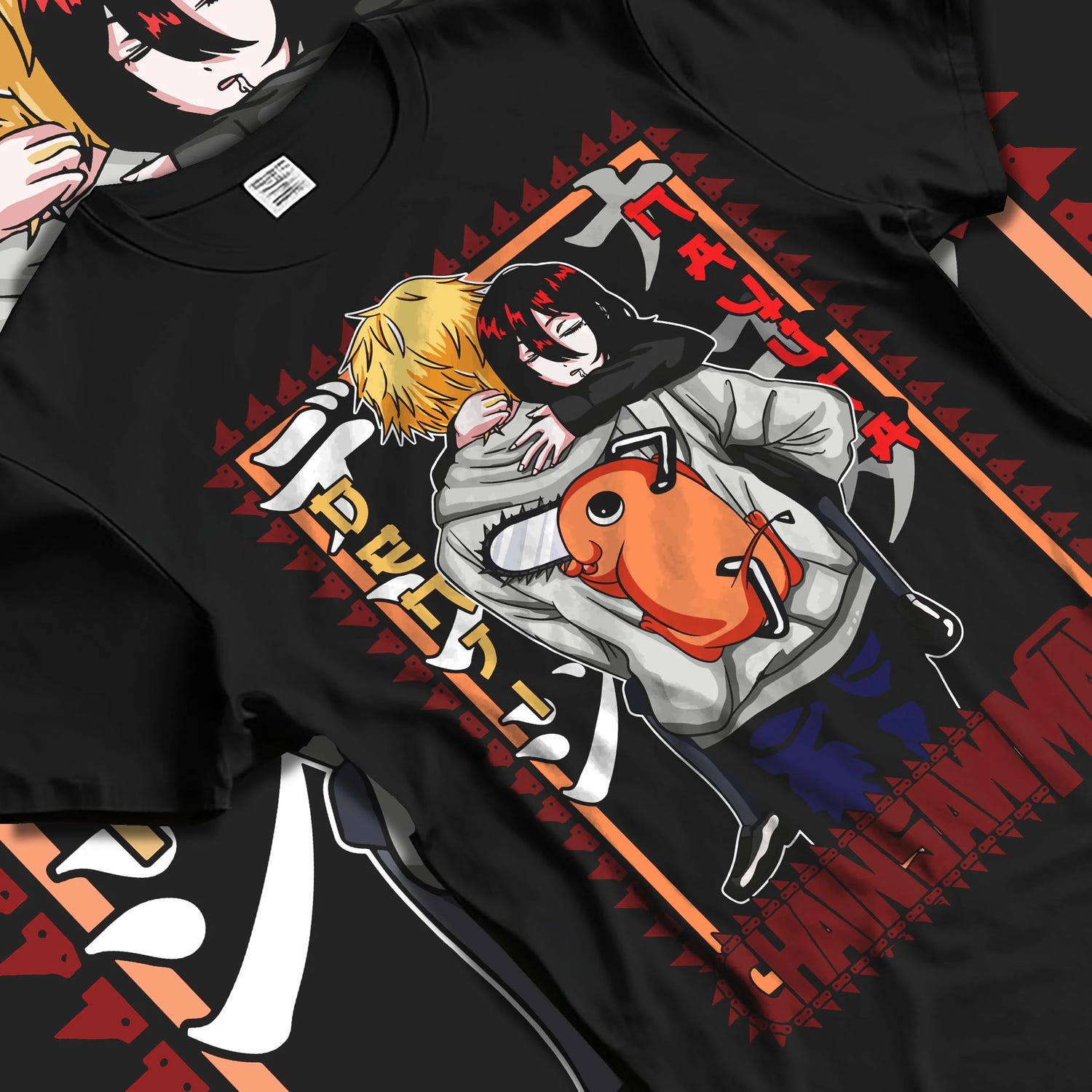 Black T-shirt laid flat with natural folds with Nayuta Hoodie Chainsaw Man Future Devil Girl Design graphic streetwear graphic.