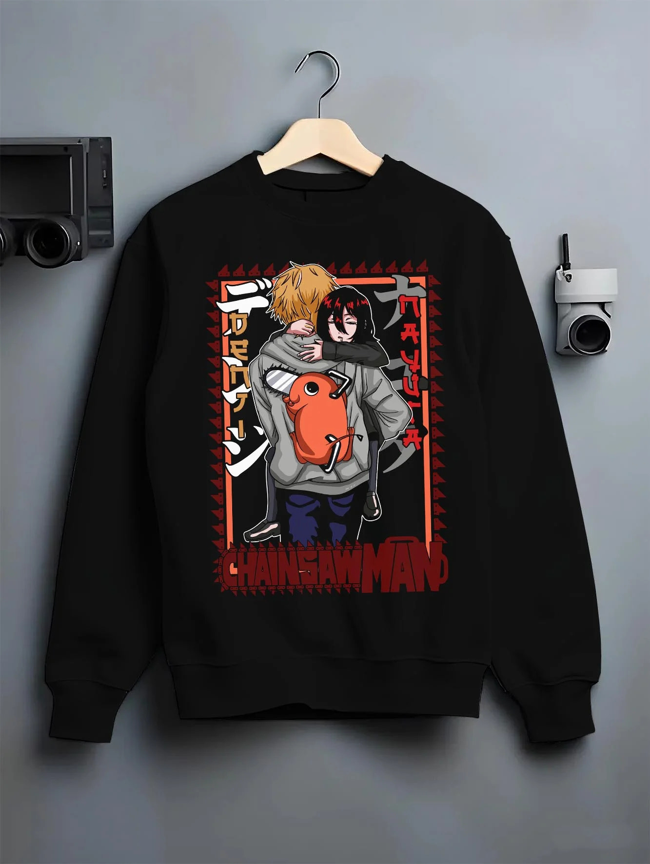 Black crewneck sweatshirt on hanger with Nayuta Hoodie Chainsaw Man Future Devil Girl Design graphic Nayuta anime design.