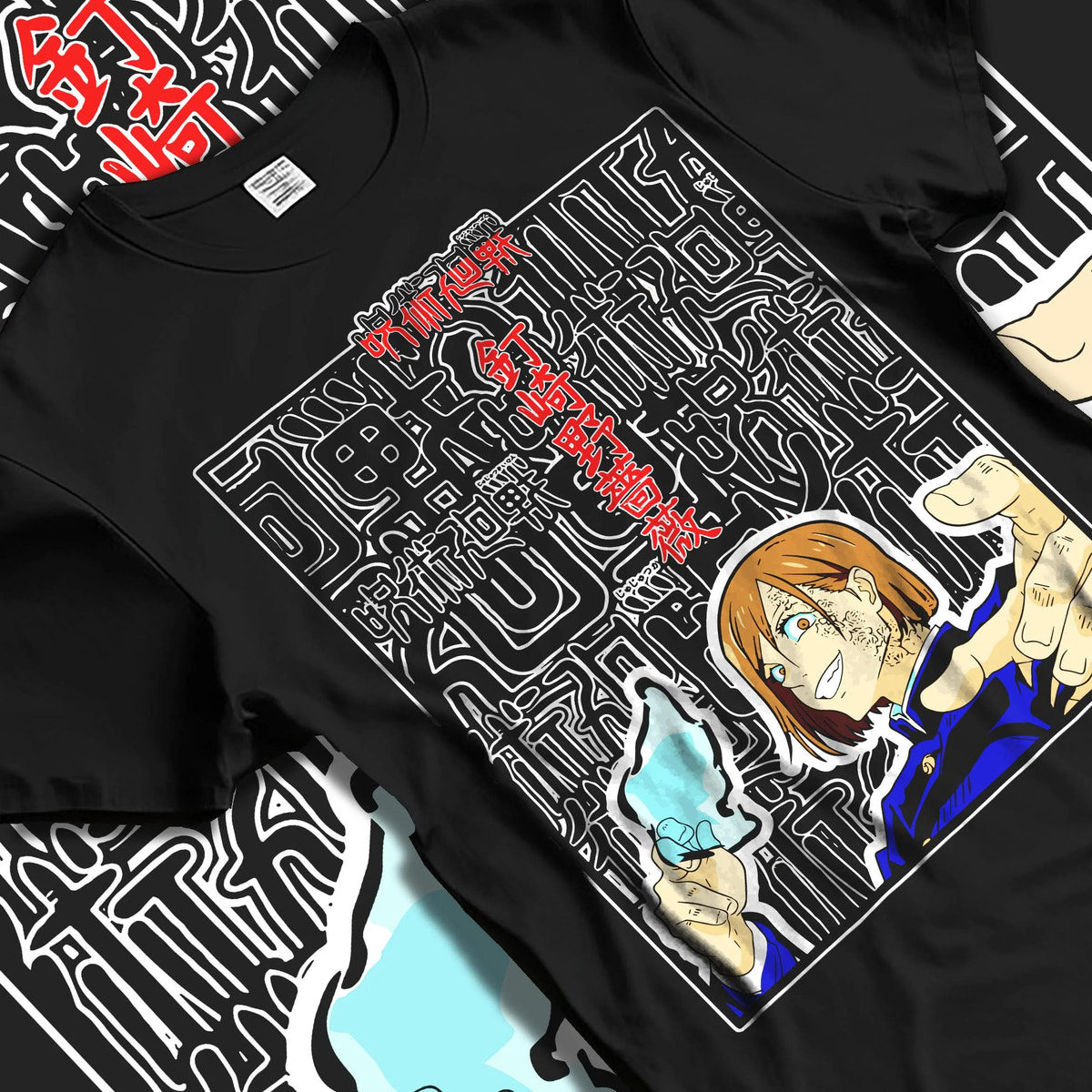 Black T-shirt laid flat with natural folds featuring Nobara Kugisaki Straw Doll Technique artwork.