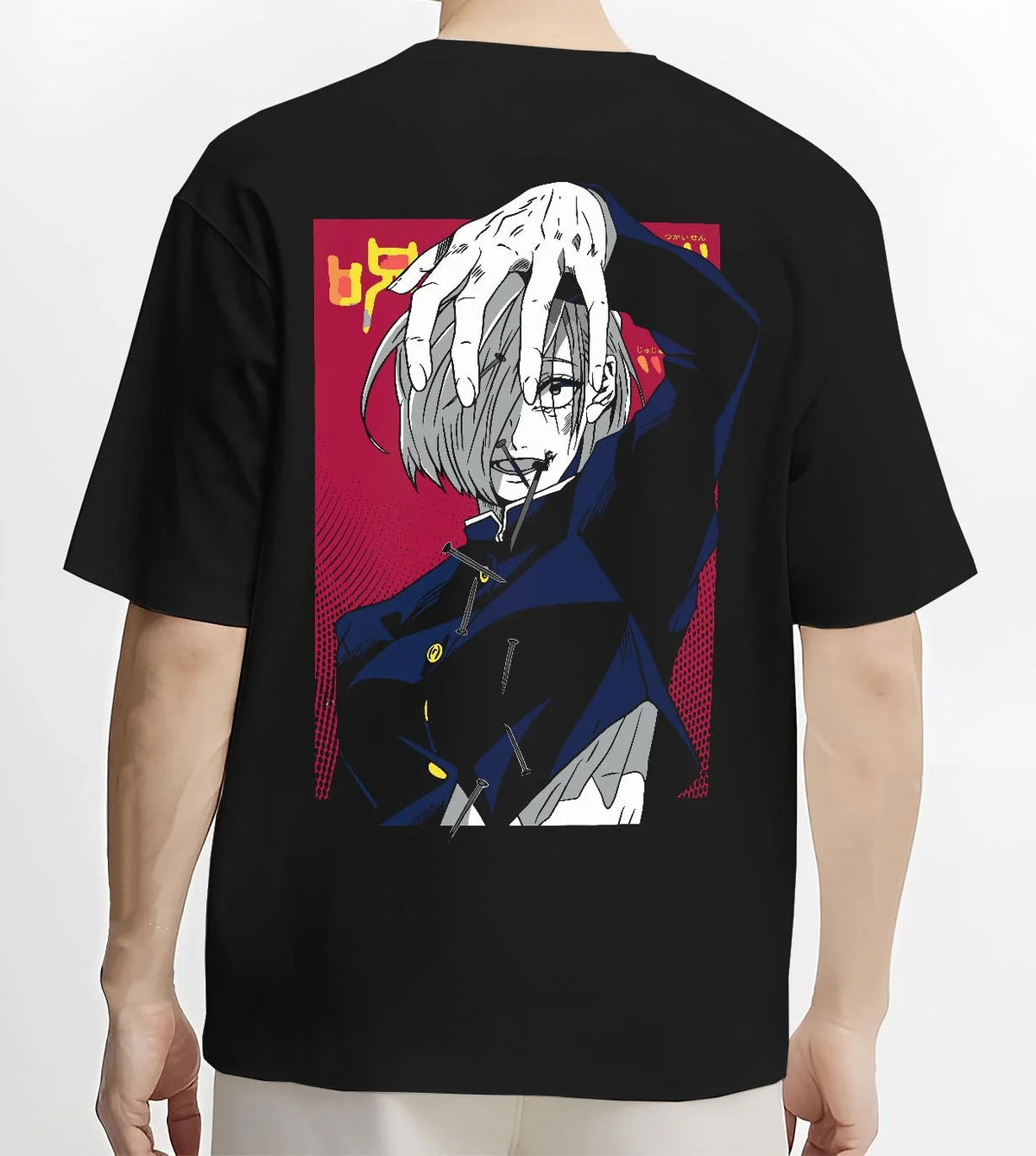 Black T-shirt worn by male model from the back featuring Nobara Kugisaki cursed nails artwork.