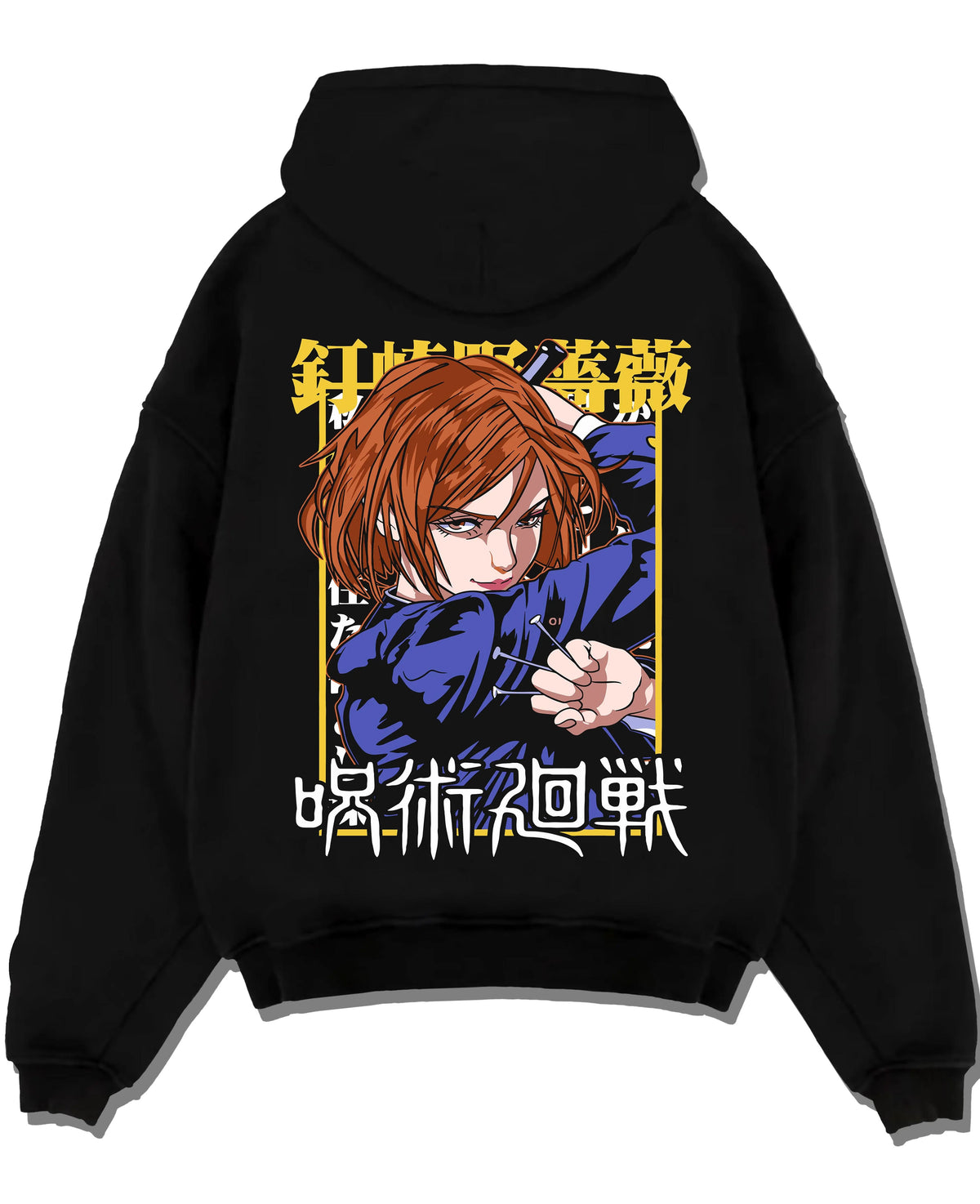 Black hoodie laid flat featuring Nobara Kugisaki hammer and nails artwork.