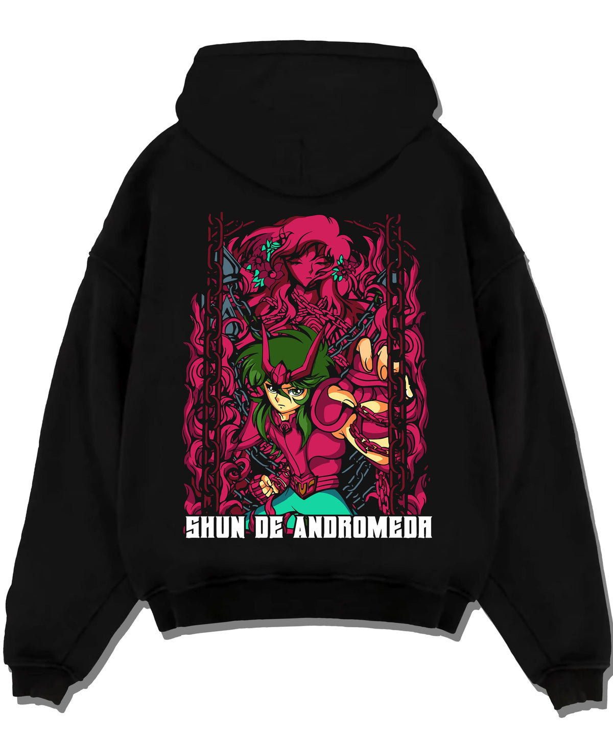 Black hoodie laid flat featuring Shun of Andromeda Nebula Chain artwork.