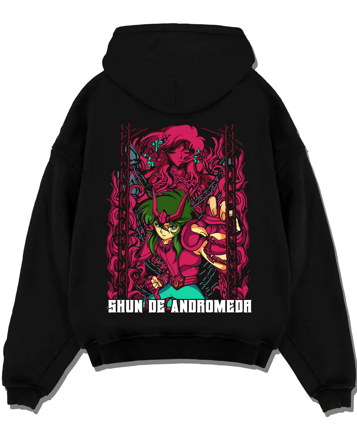 Black hoodie laid flat featuring Shun of Andromeda Nebula Chain artwork.