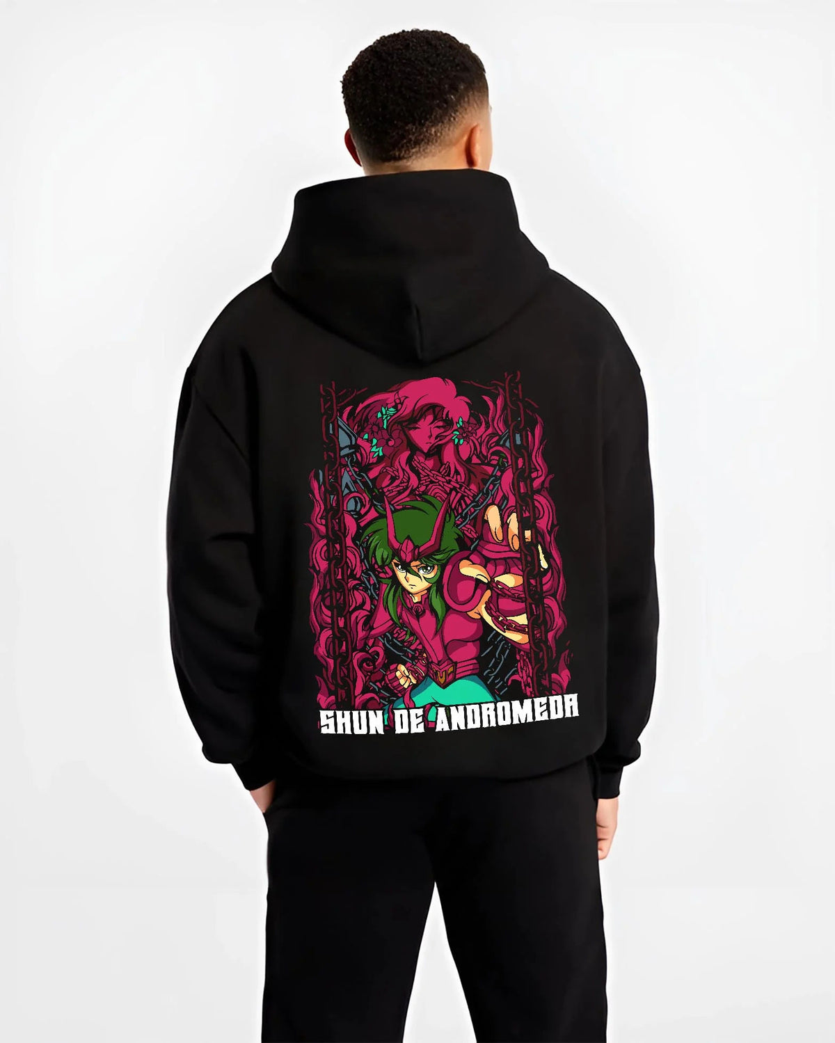 Black hoodie worn by male model from the back featuring Shun of Andromeda Nebula Chain artwork.