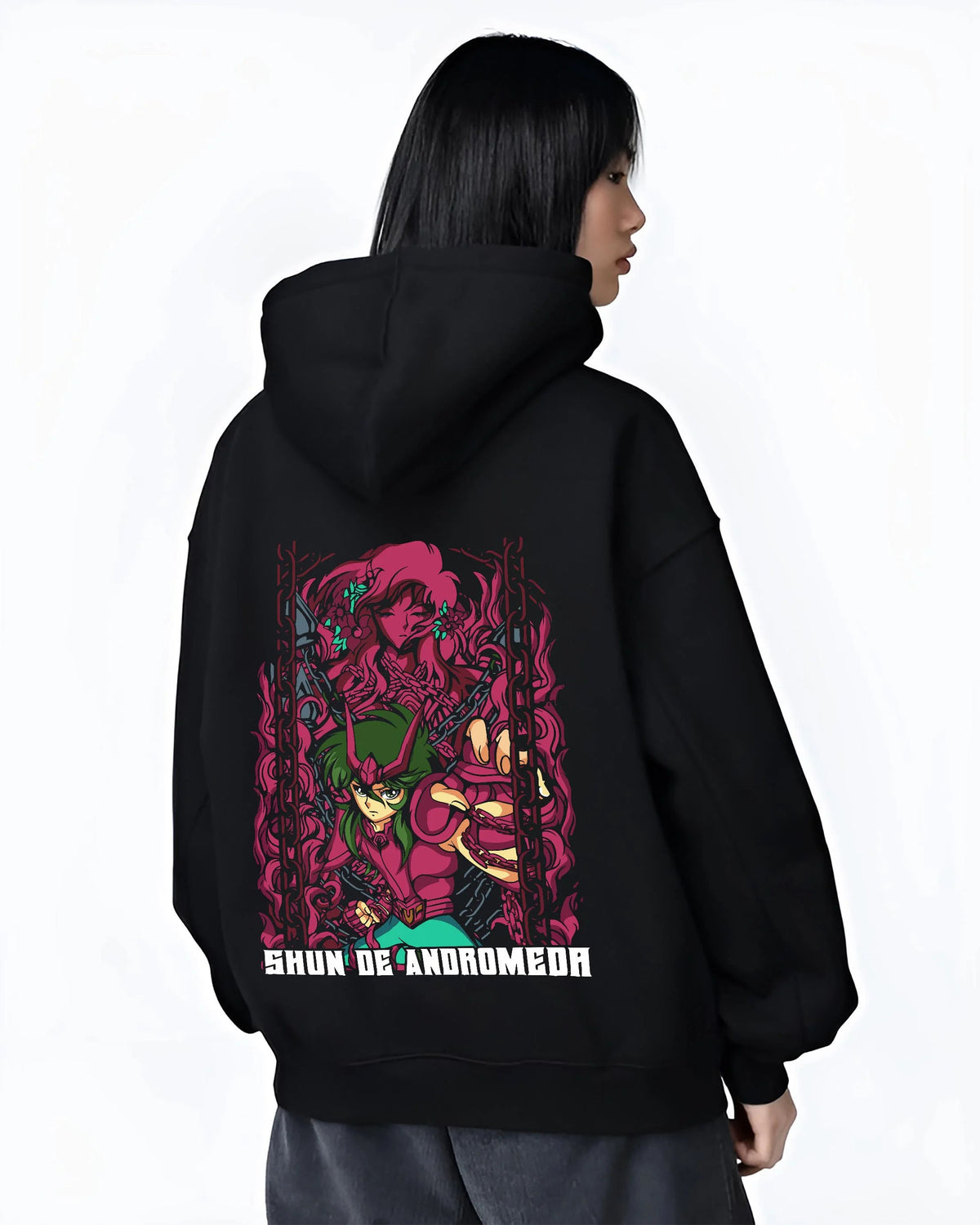 Black hoodie worn by female model from the back featuring Shun of Andromeda Nebula Chain artwork.