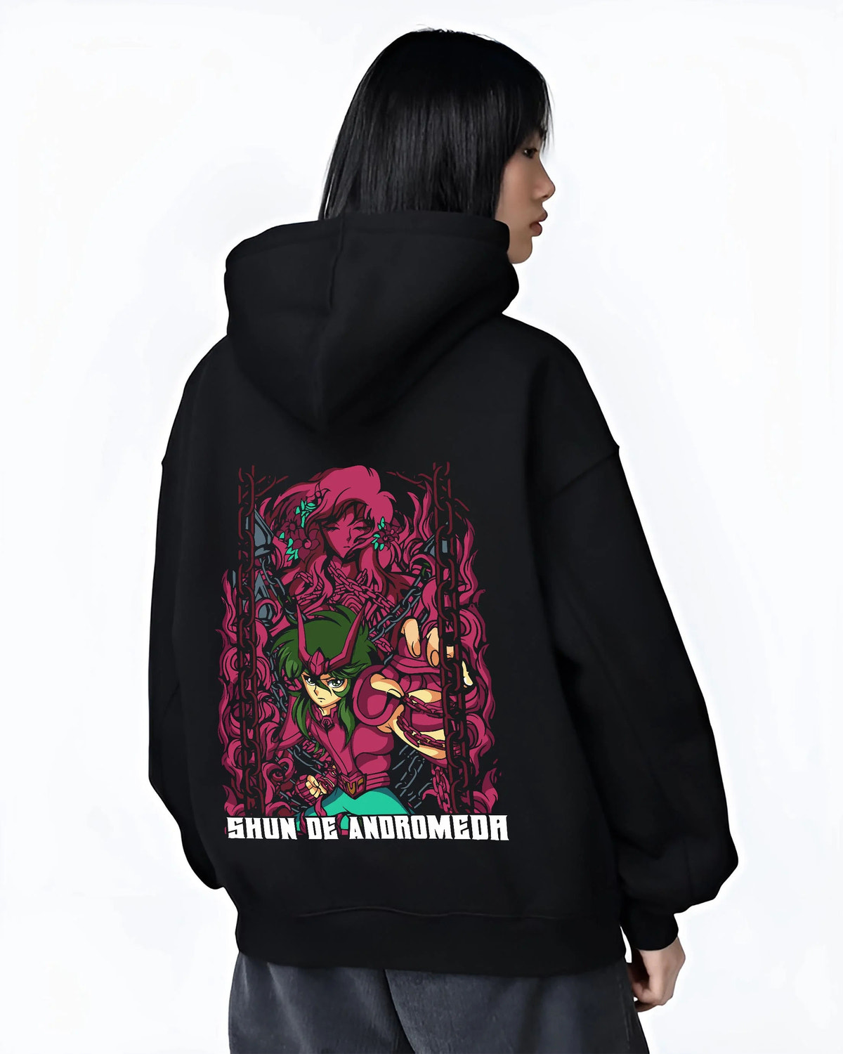 Black hoodie worn by female model from the back featuring Shun of Andromeda Nebula Chain artwork.