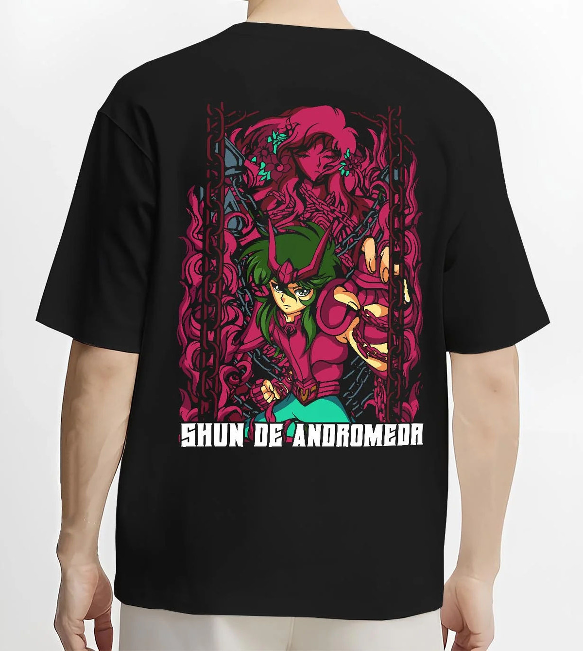 Black T-shirt worn by male model from the back featuring Shun of Andromeda Nebula Chain artwork.