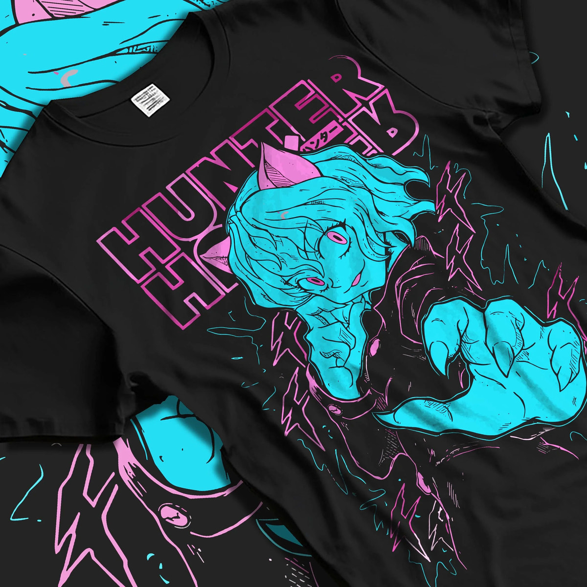 Black T-shirt laid flat with natural folds featuring Neferpitou Chimera Ant aura artwork.