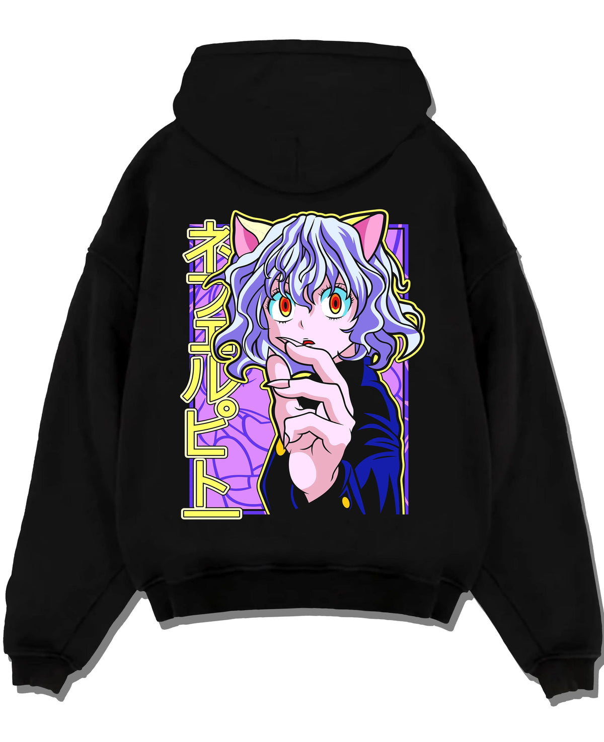 Black hoodie laid flat featuring Neferpitou Chimera Ant Nen power artwork.