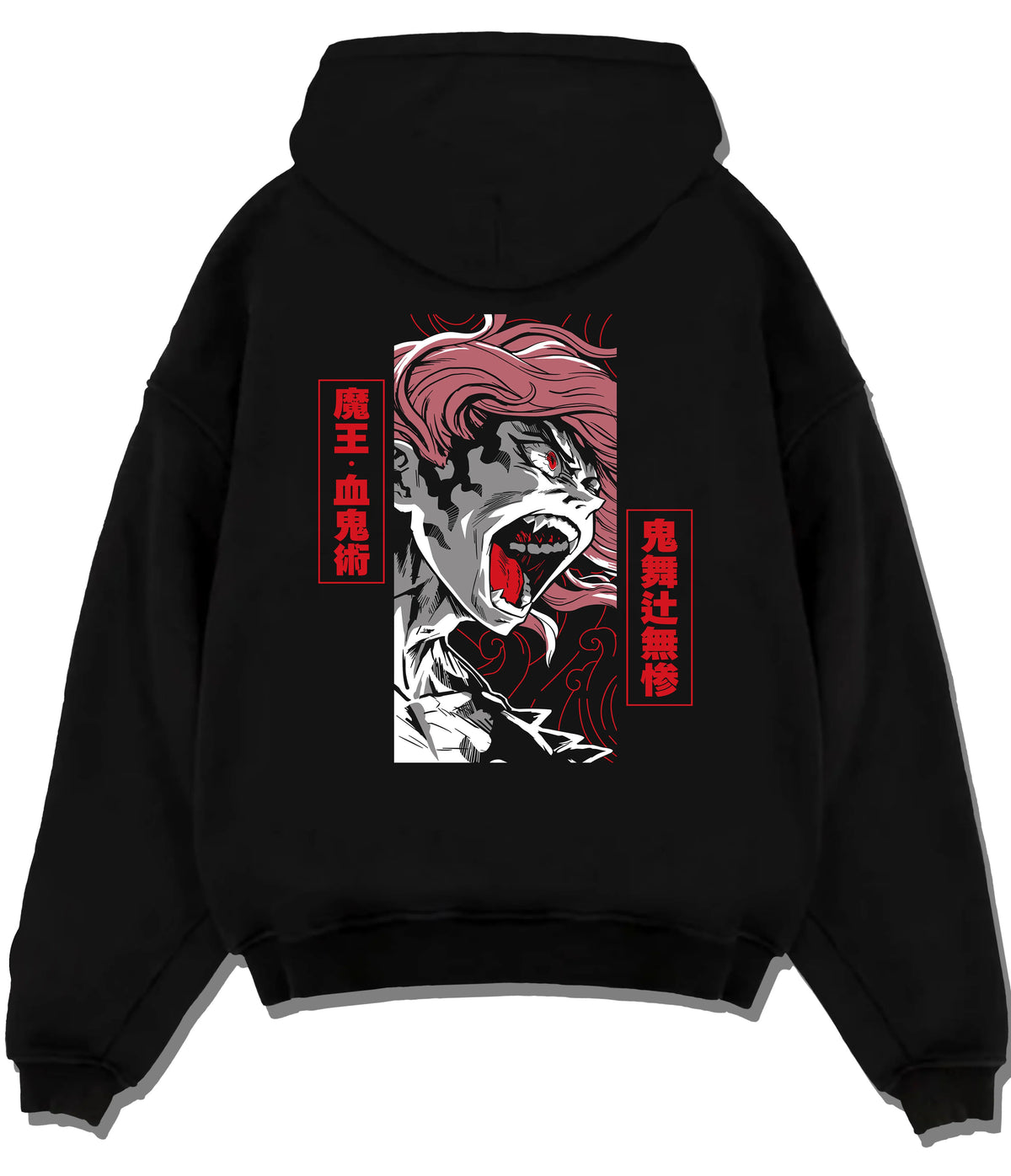 Black hoodie flat back view showing Nezuko Kamado from Demon Slayer: blood demon form
