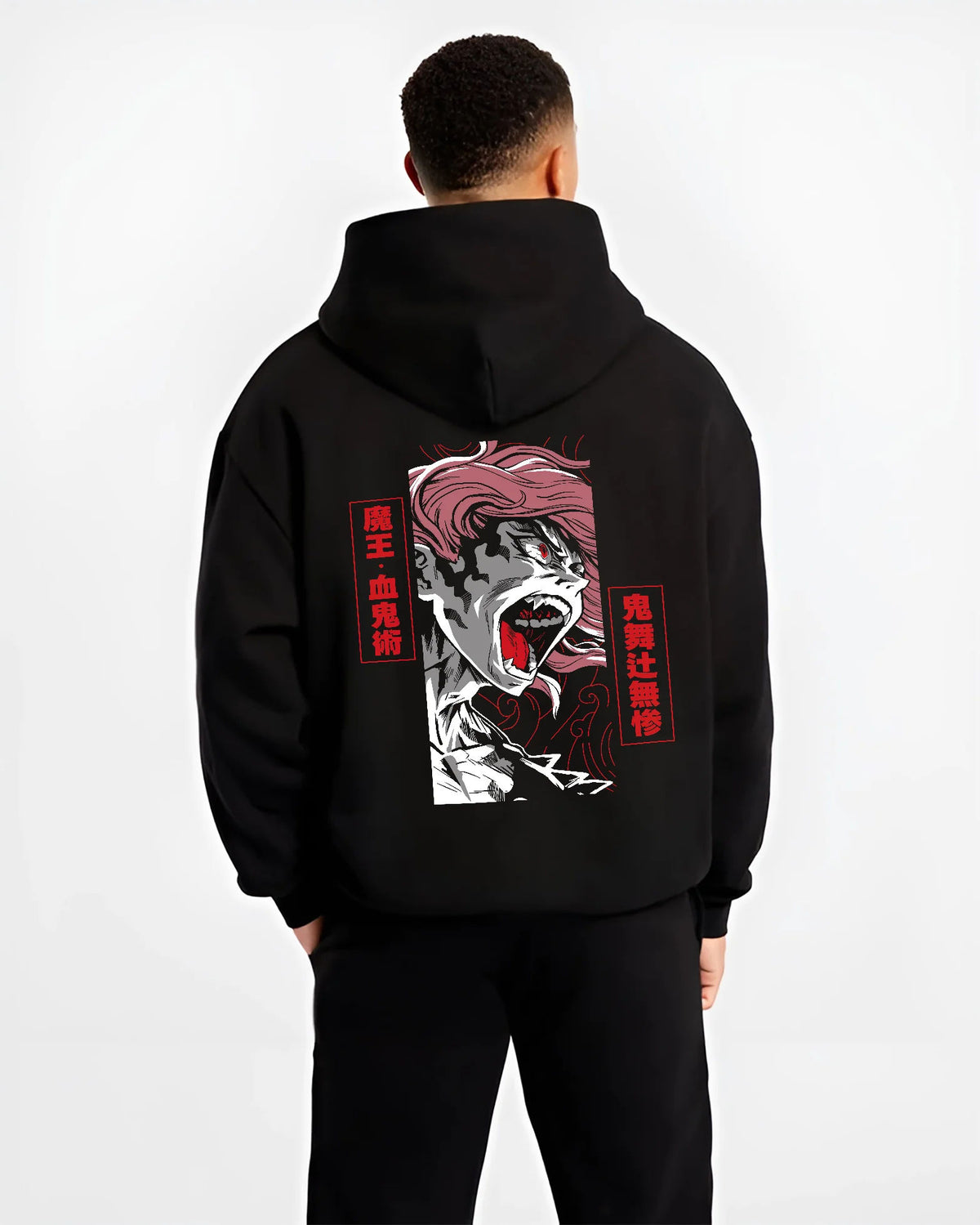 Black hoodie model back view showing Nezuko Kamado from Demon Slayer: blood demon form