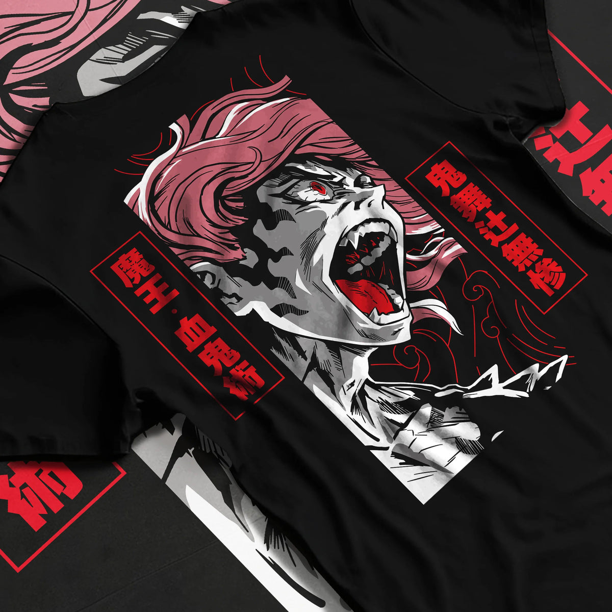 Black T-shirt flat back view showing Nezuko Kamado from Demon Slayer: blood demon form