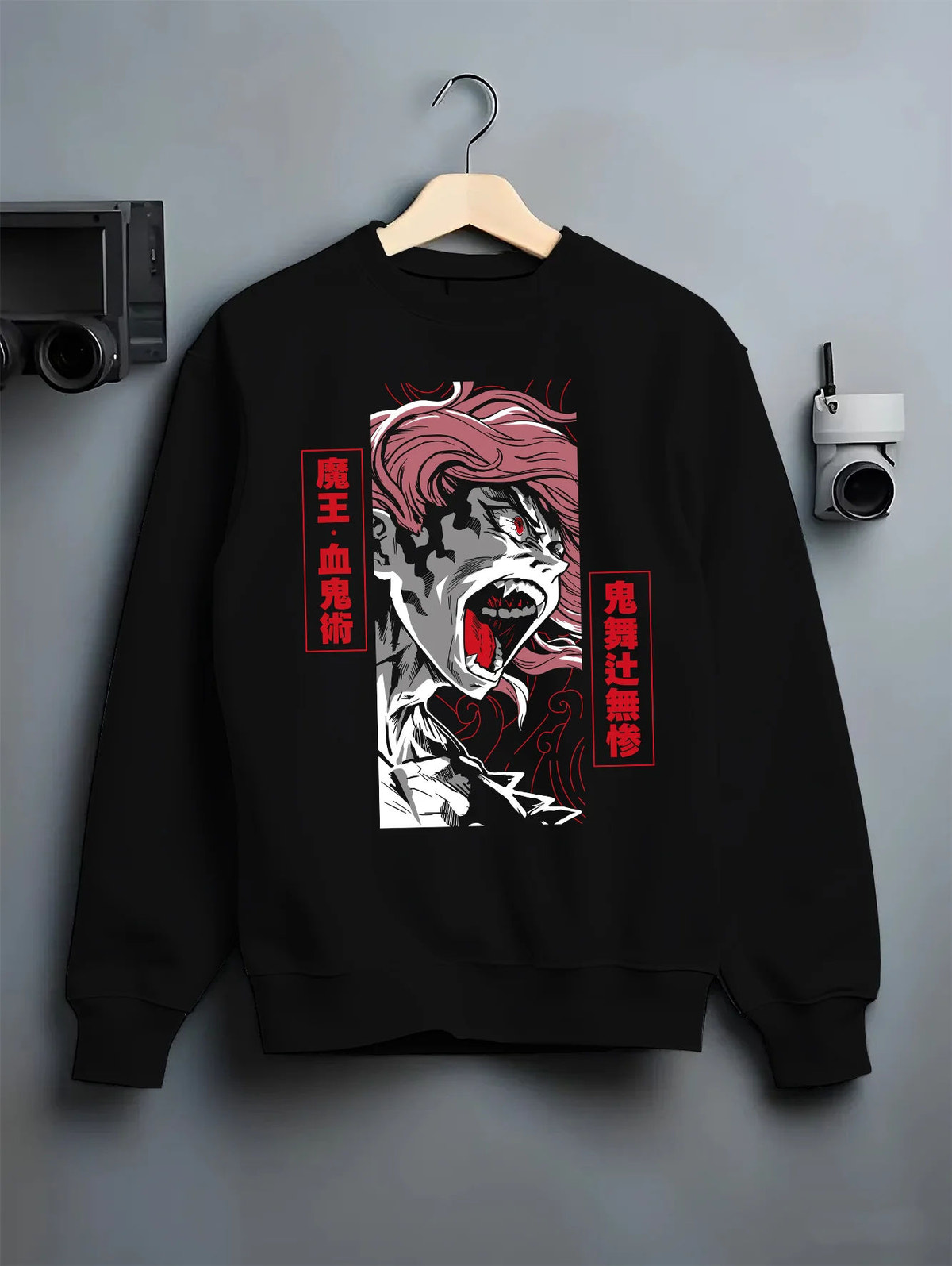 Black crewneck sweatshirt on hanger showing Nezuko Kamado from Demon Slayer: blood demon form