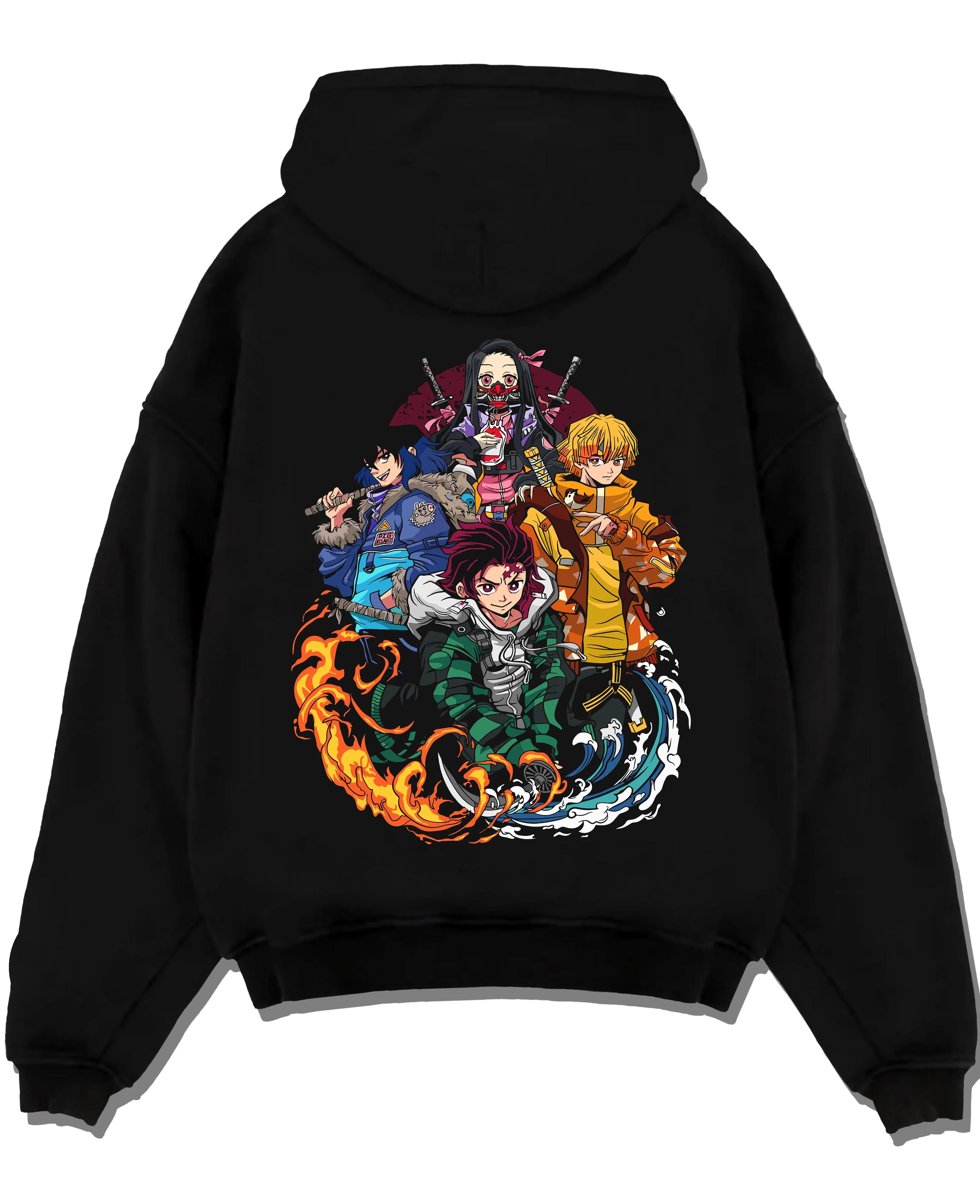 Black pullover hoodie laid flat with Demon Slayer Hoodie Upper Moon Group Villains Arc graphic bold anime graphic.
