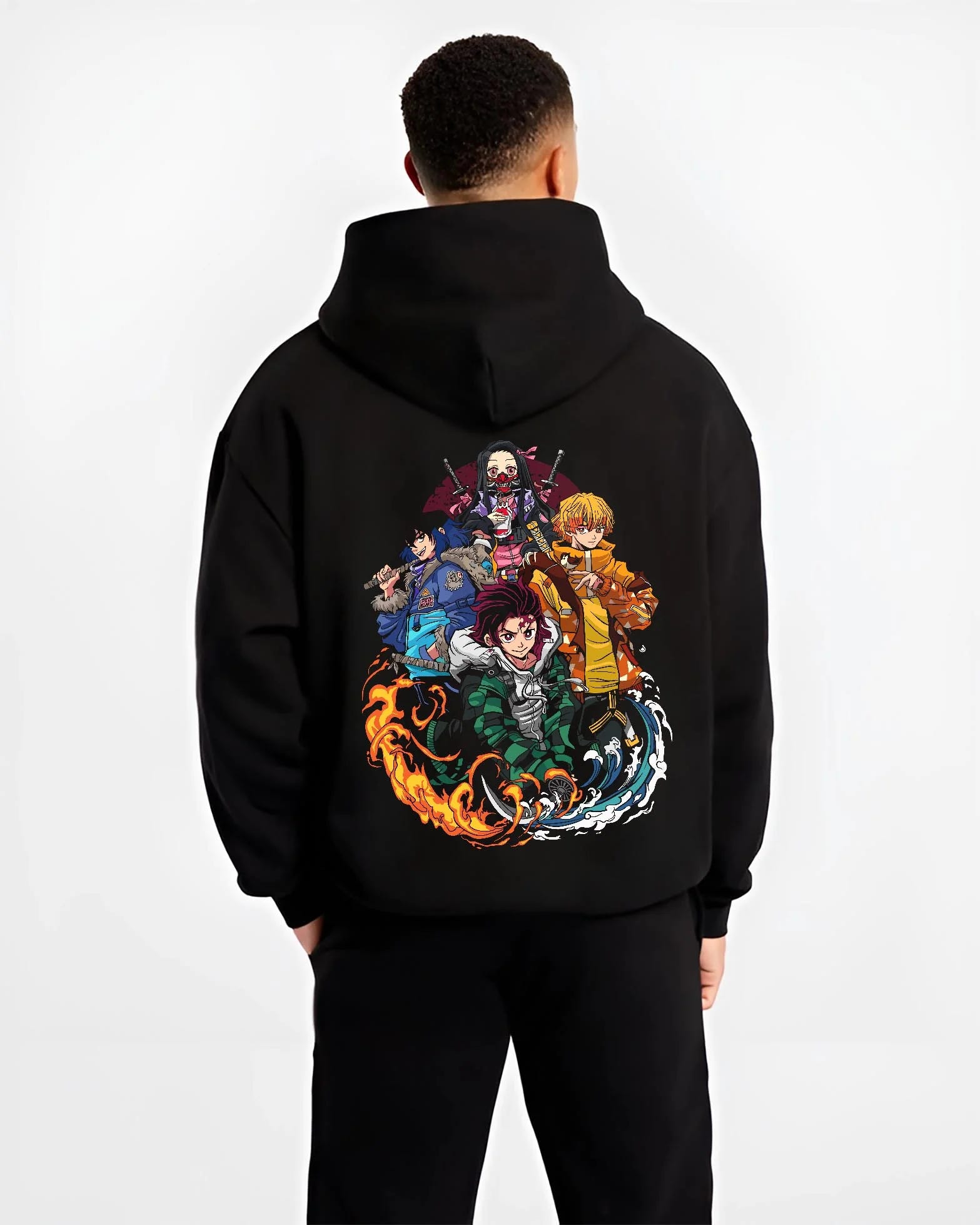 Black hoodie worn by male model, back view with Demon Slayer Hoodie Upper Moon Group Villains Arc graphic premium wear.