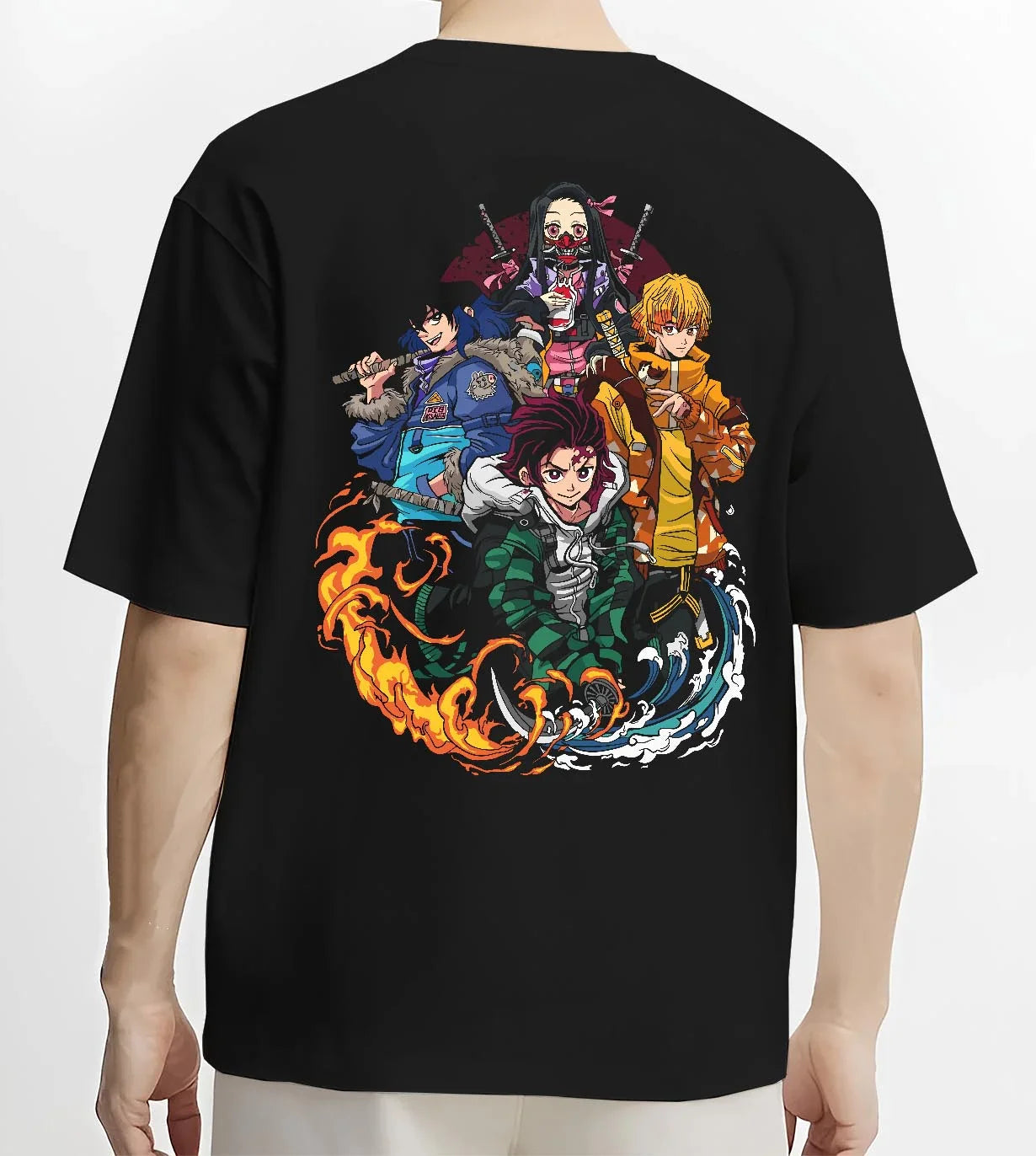 Black T-shirt worn by male model, back view with Demon Slayer Hoodie Upper Moon Group Villains Arc graphic premium wear.
