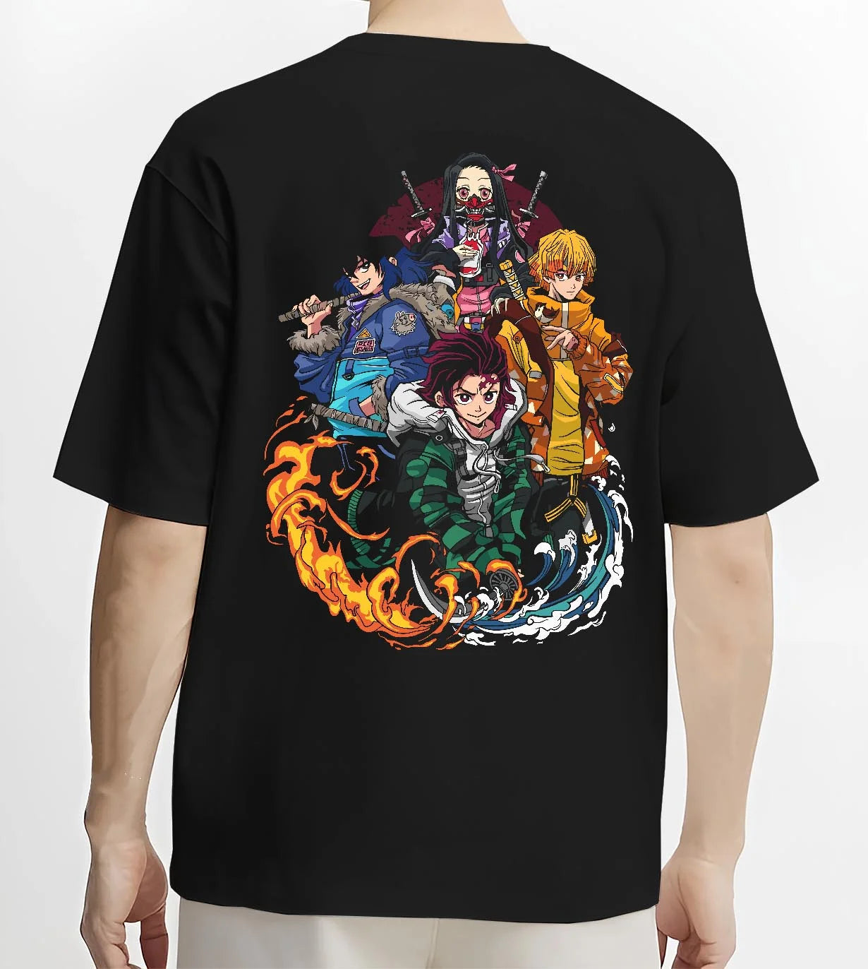 Black T-shirt worn by male model, back view with Demon Slayer Hoodie Upper Moon Group Villains Arc graphic premium wear.