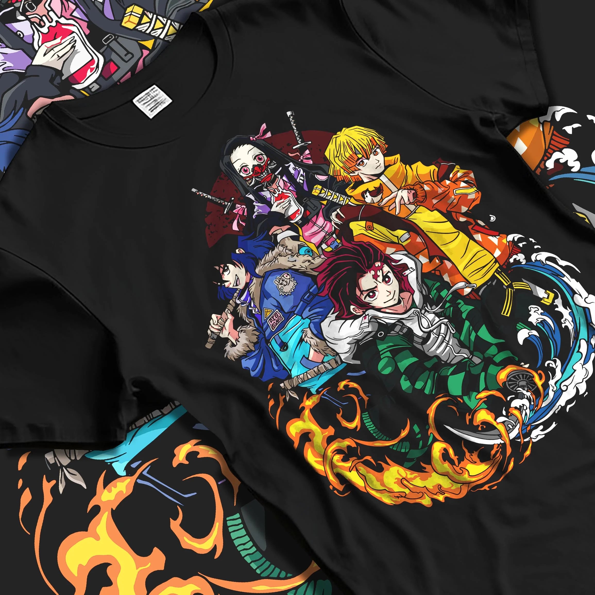Black T-shirt laid flat with natural folds with Demon Slayer Hoodie Upper Moon Group Villains Arc graphic premium wear.