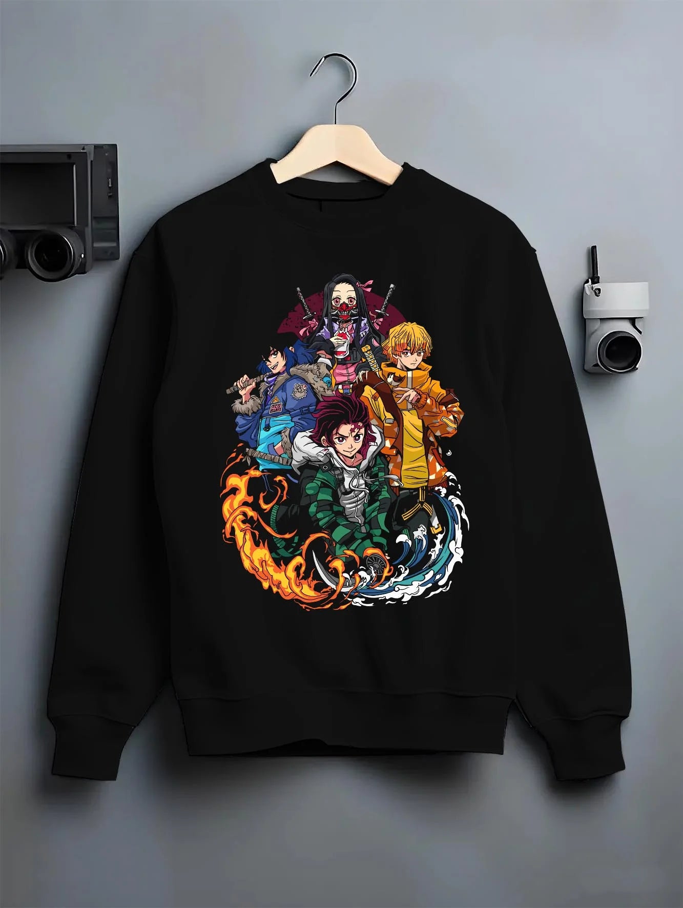 Black crewneck sweatshirt on hanger with Demon Slayer Hoodie Upper Moon Group Villains Arc graphic bold anime graphic.