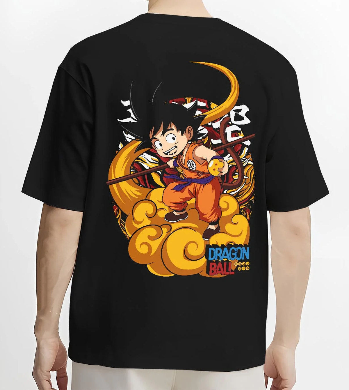 Black T-shirt worn by male model from the back featuring Kid Goku riding Flying Nimbus artwork.