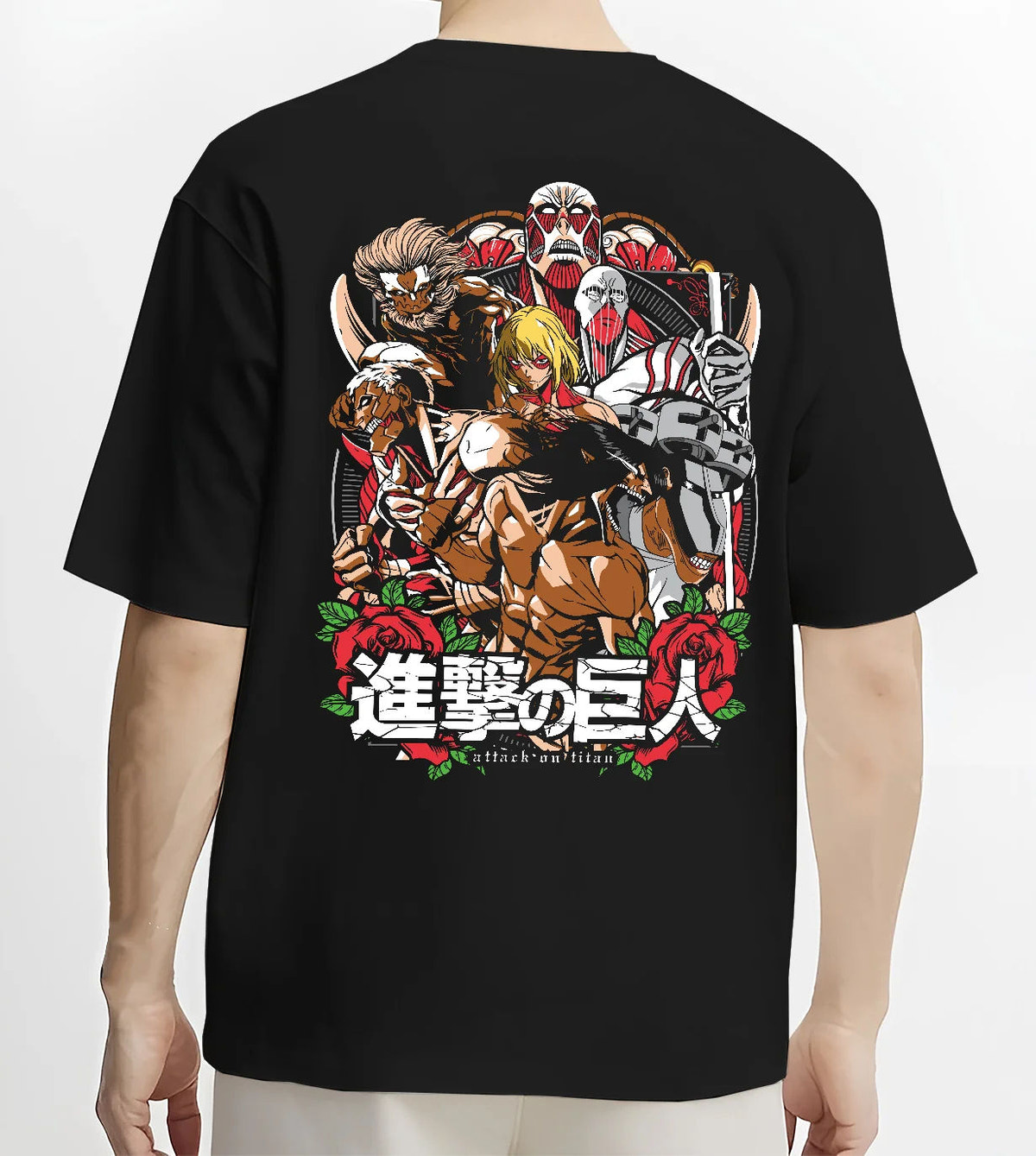 Black T-shirt model back view showing Attack on Titan: Corps and Titans ensemble