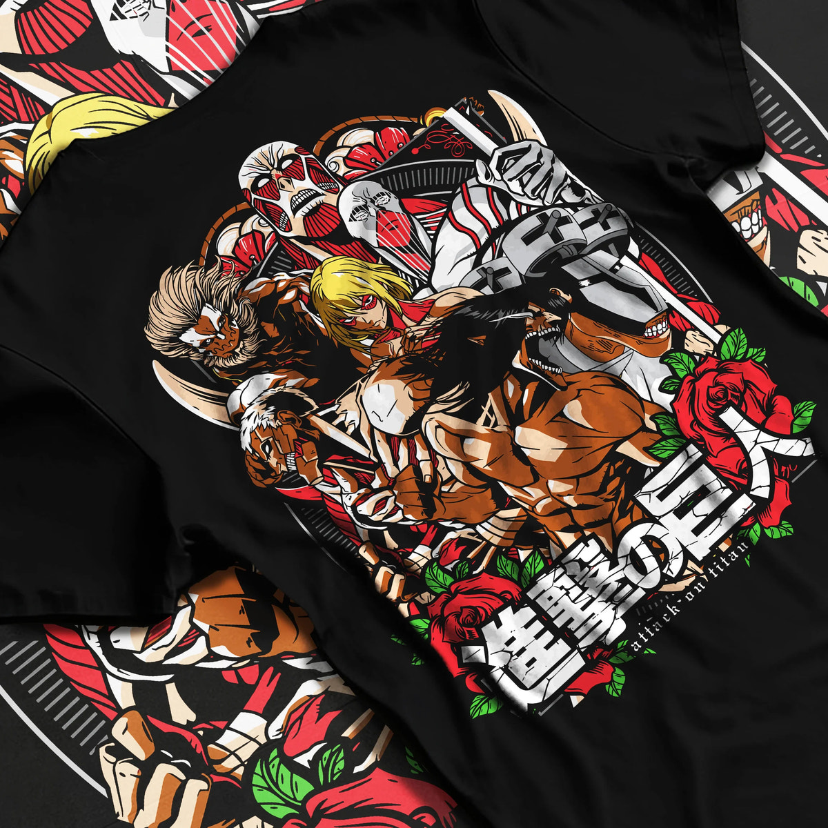 Black T-shirt flat back view showing Attack on Titan: Corps and Titans ensemble