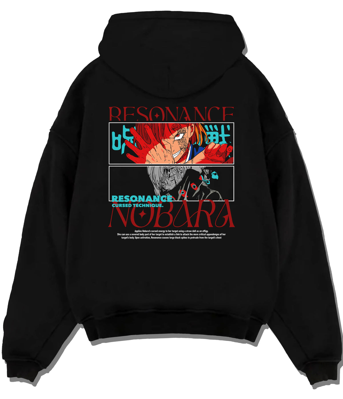 Black hoodie flat back view showing Nobara Kugisaki from Jujutsu Kaisen: Resonance technique