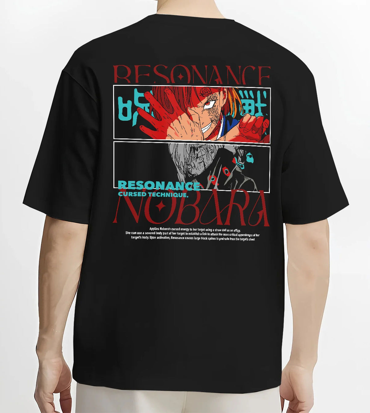 Black T-shirt model back view showing Nobara Kugisaki from Jujutsu Kaisen: Resonance technique