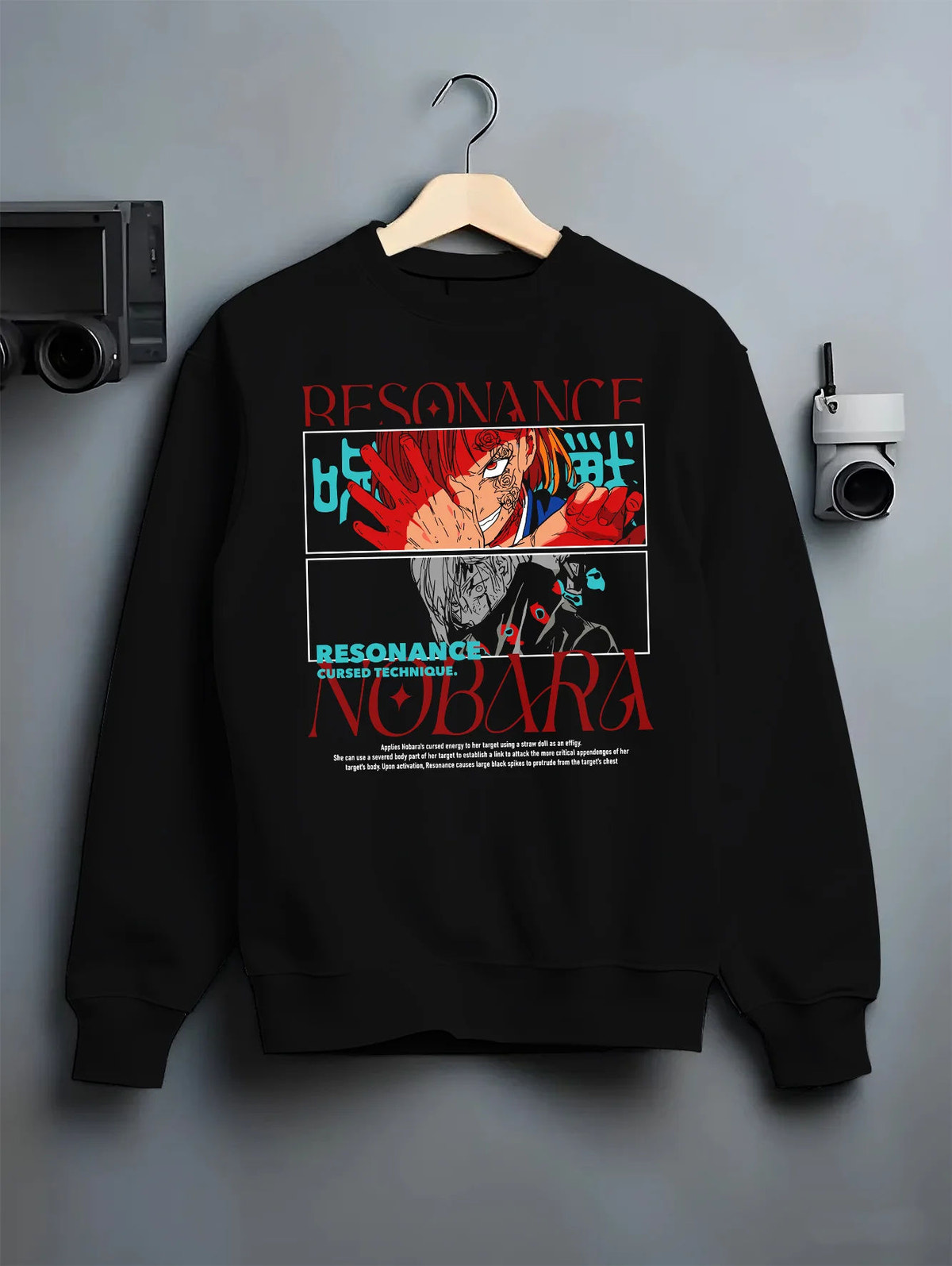 Black crewneck sweatshirt on hanger showing Nobara Kugisaki from Jujutsu Kaisen: Resonance technique