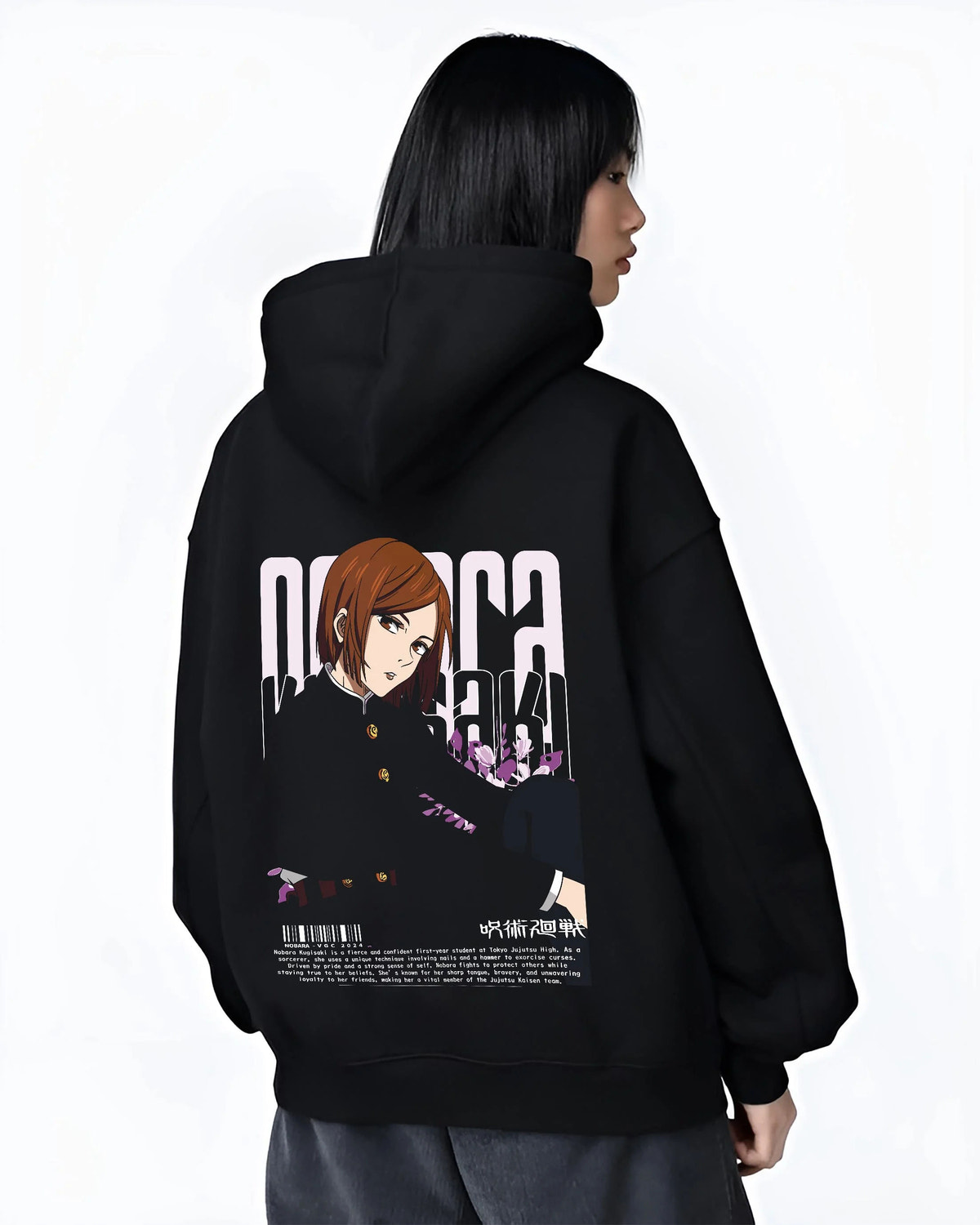Black hoodie worn by female model from the back featuring Nobara Kugisaki confident portrait artwork.