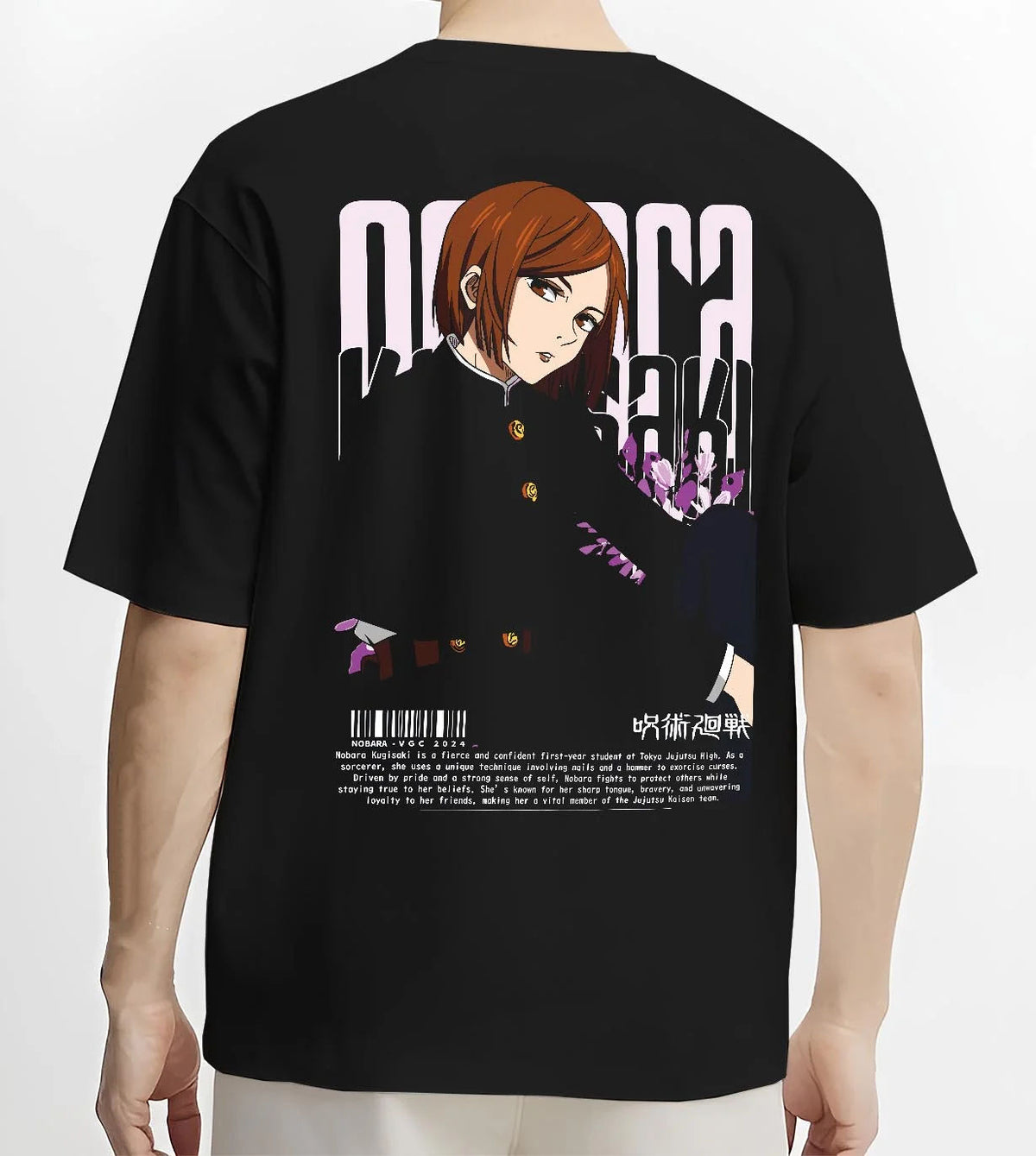 Black T-shirt worn by male model from the back featuring Nobara Kugisaki confident portrait artwork.