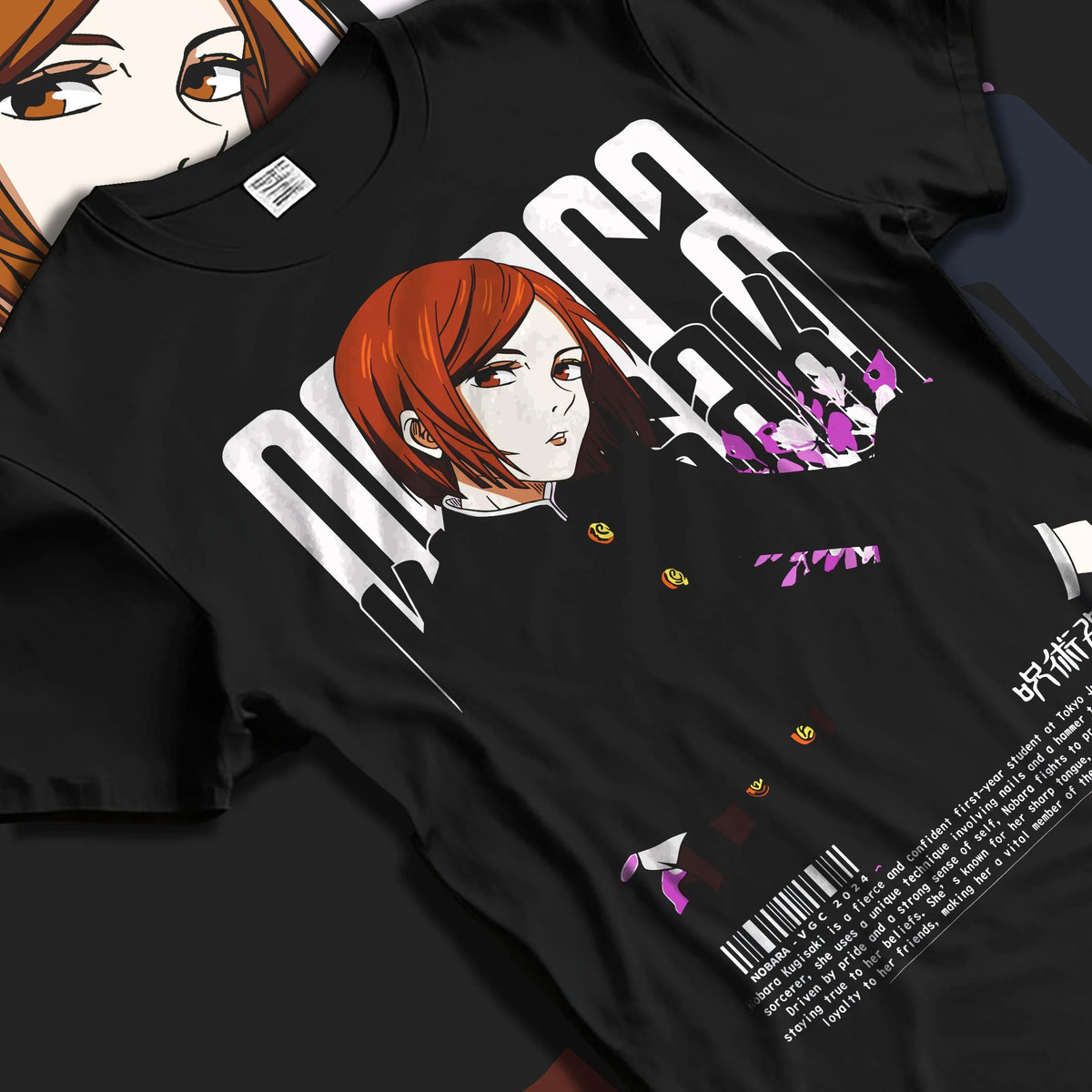 Black T-shirt laid flat with natural folds featuring Nobara Kugisaki confident portrait artwork.