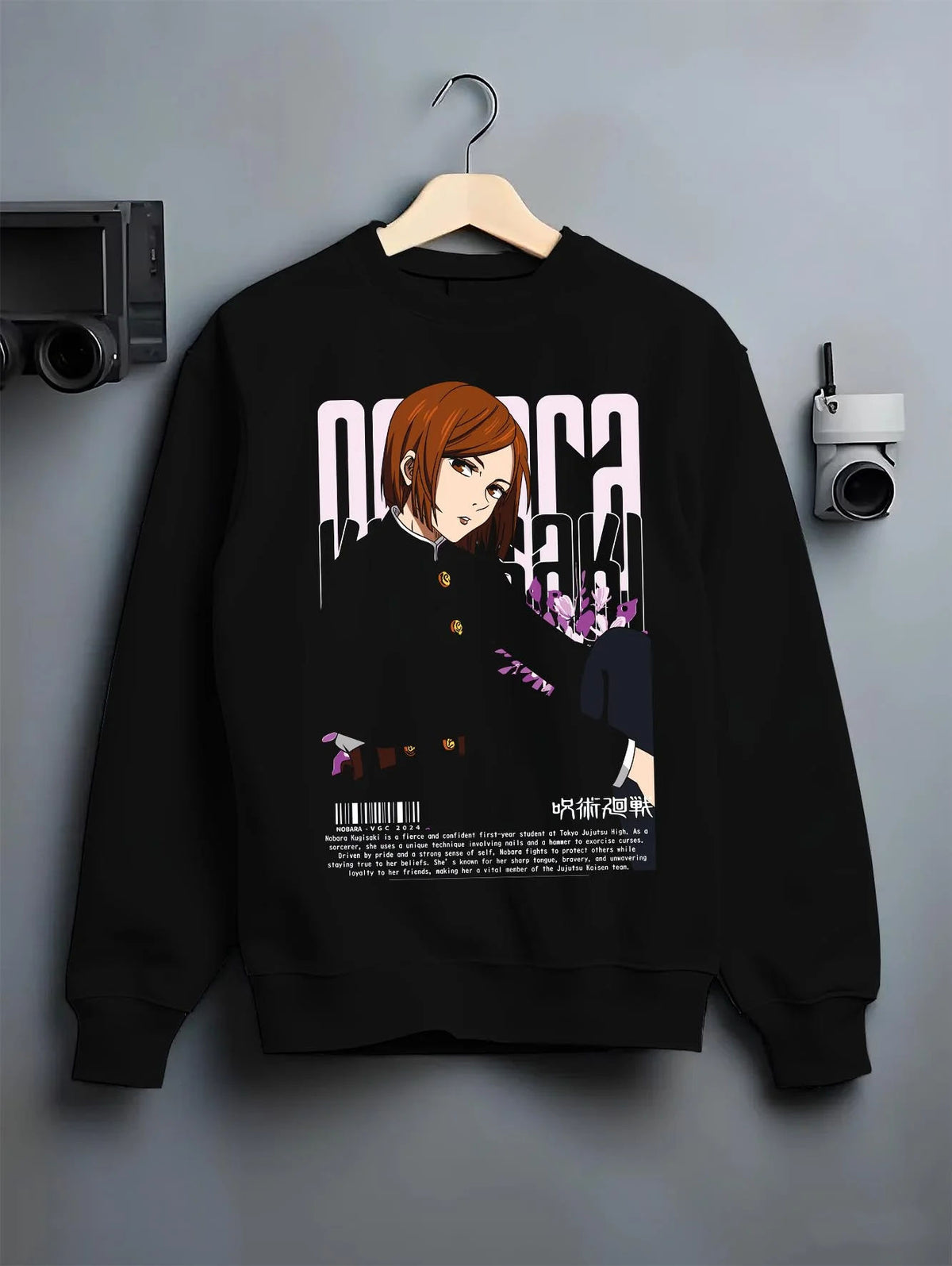 Black crewneck sweatshirt on hanger featuring Nobara Kugisaki confident portrait artwork.