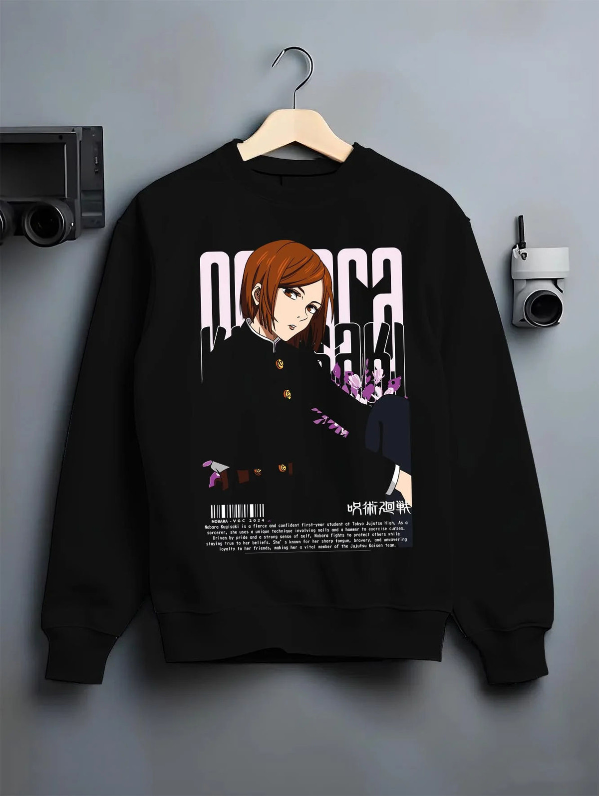 Black crewneck sweatshirt on hanger featuring Nobara Kugisaki confident portrait artwork.