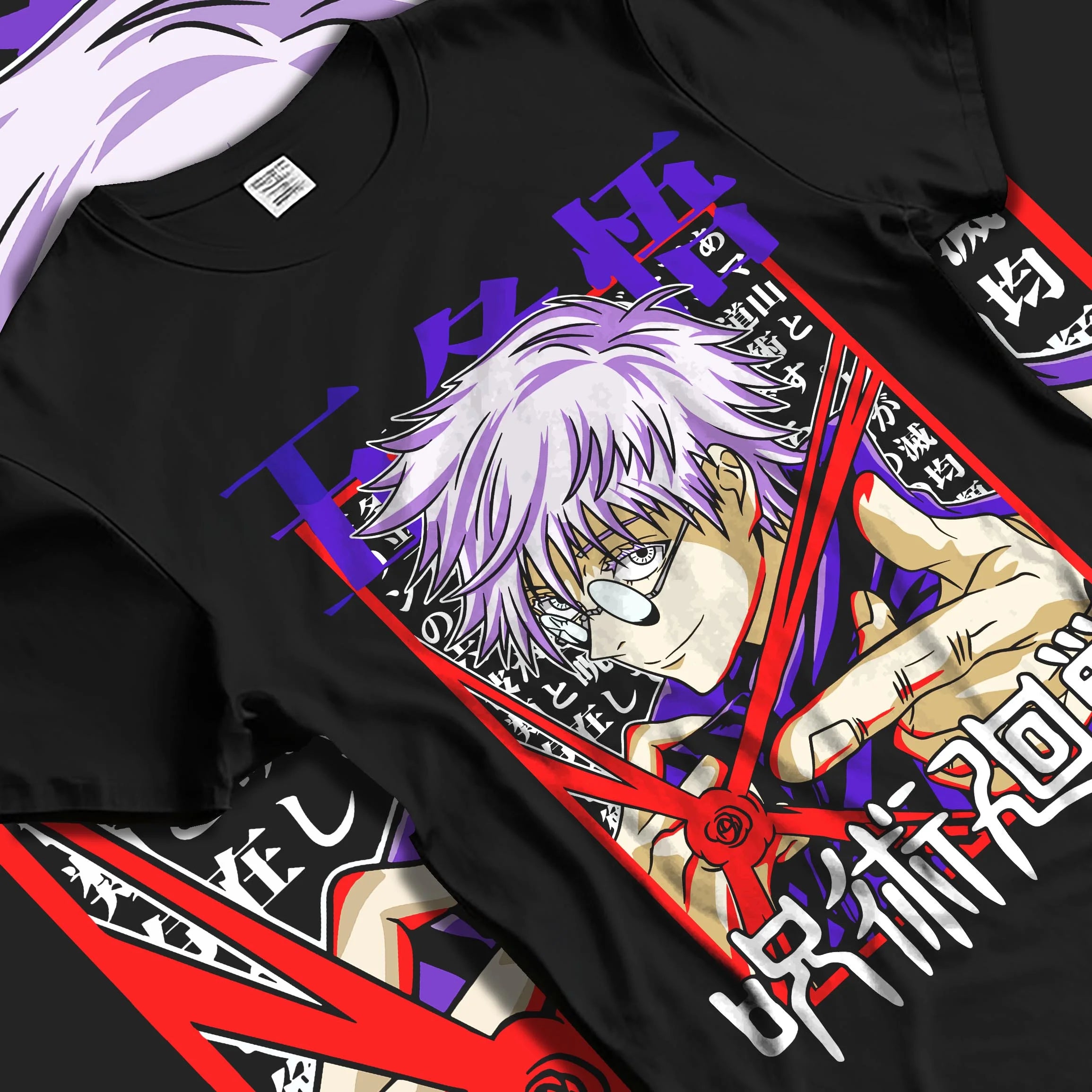 Black T-shirt laid flat with natural folds with Satoru Gojo Hoodie Jujutsu Kaisen Infinity Cut graphic streetwear graphic.