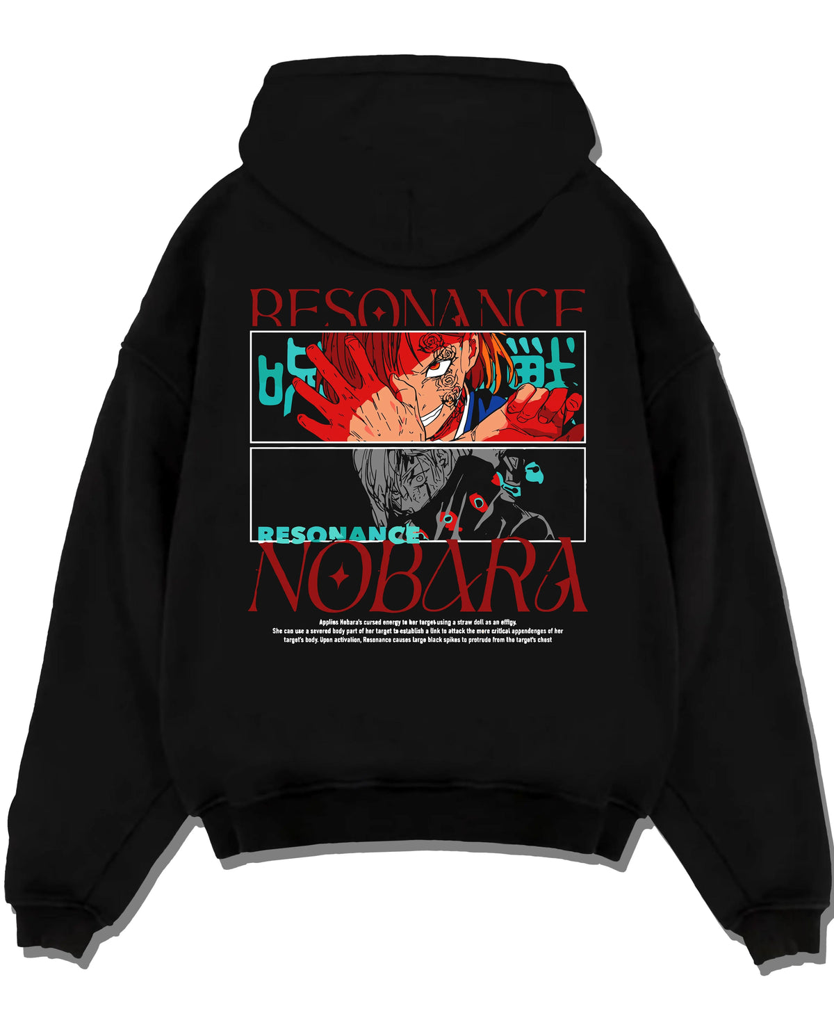 Black hoodie laid flat featuring Nobara Kugisaki Resonance technique artwork.