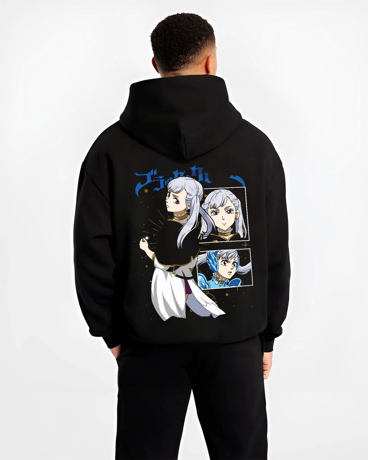 Black hoodie worn by male model from the back featuring Noelle Silva water magic artwork.