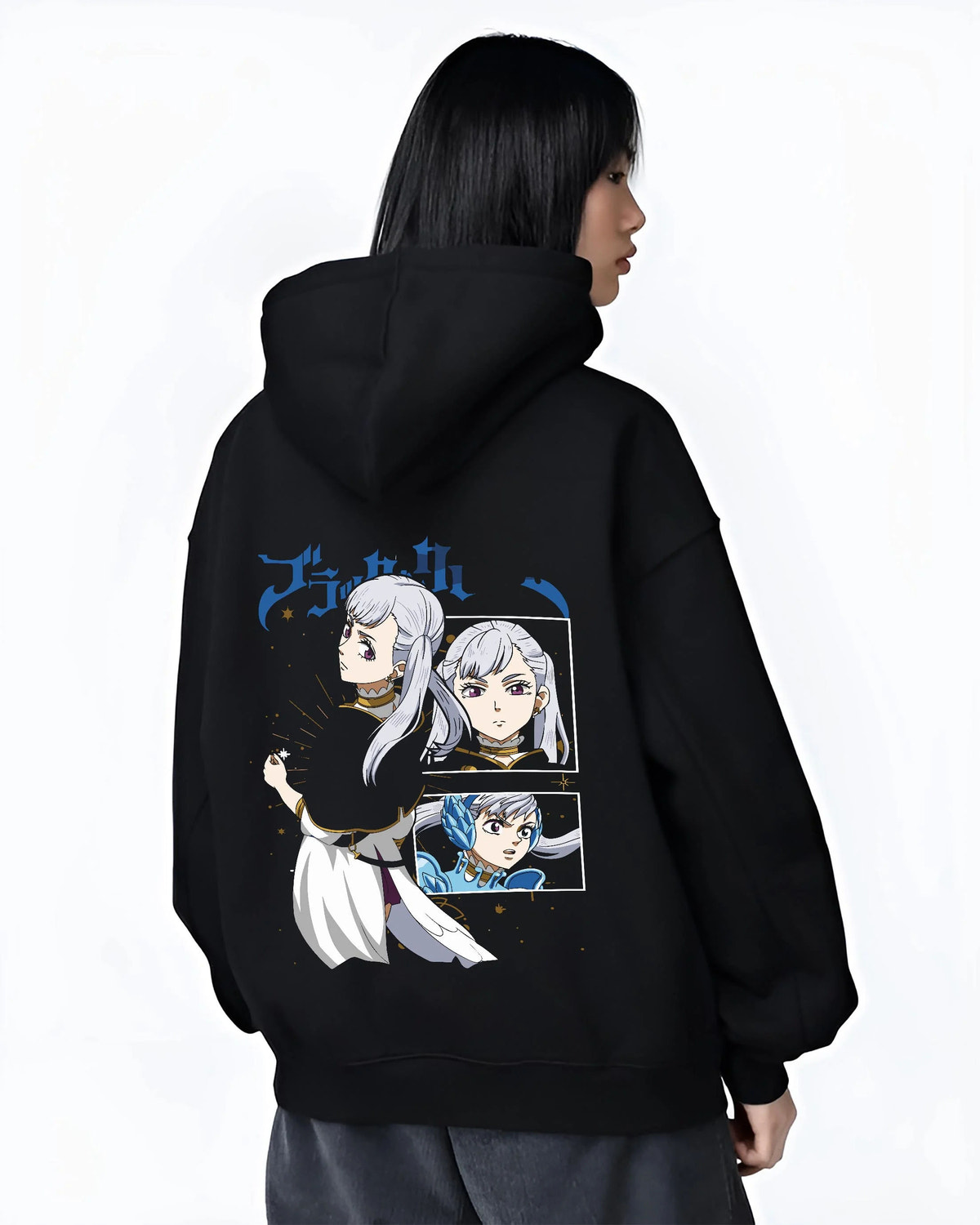 Black hoodie worn by female model from the back featuring Noelle Silva water magic artwork.