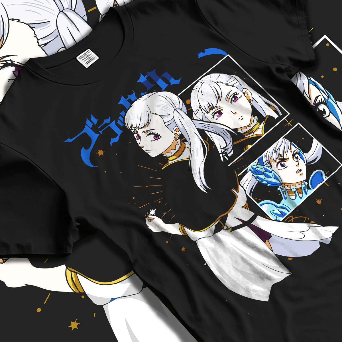 Black T-shirt laid flat with natural folds featuring Noelle Silva water magic artwork.