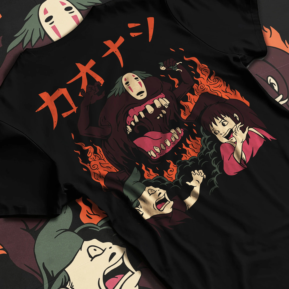 Black T-shirt flat back view with No-Face / Kaonashi and Spirited Away cast illustrated back graphic