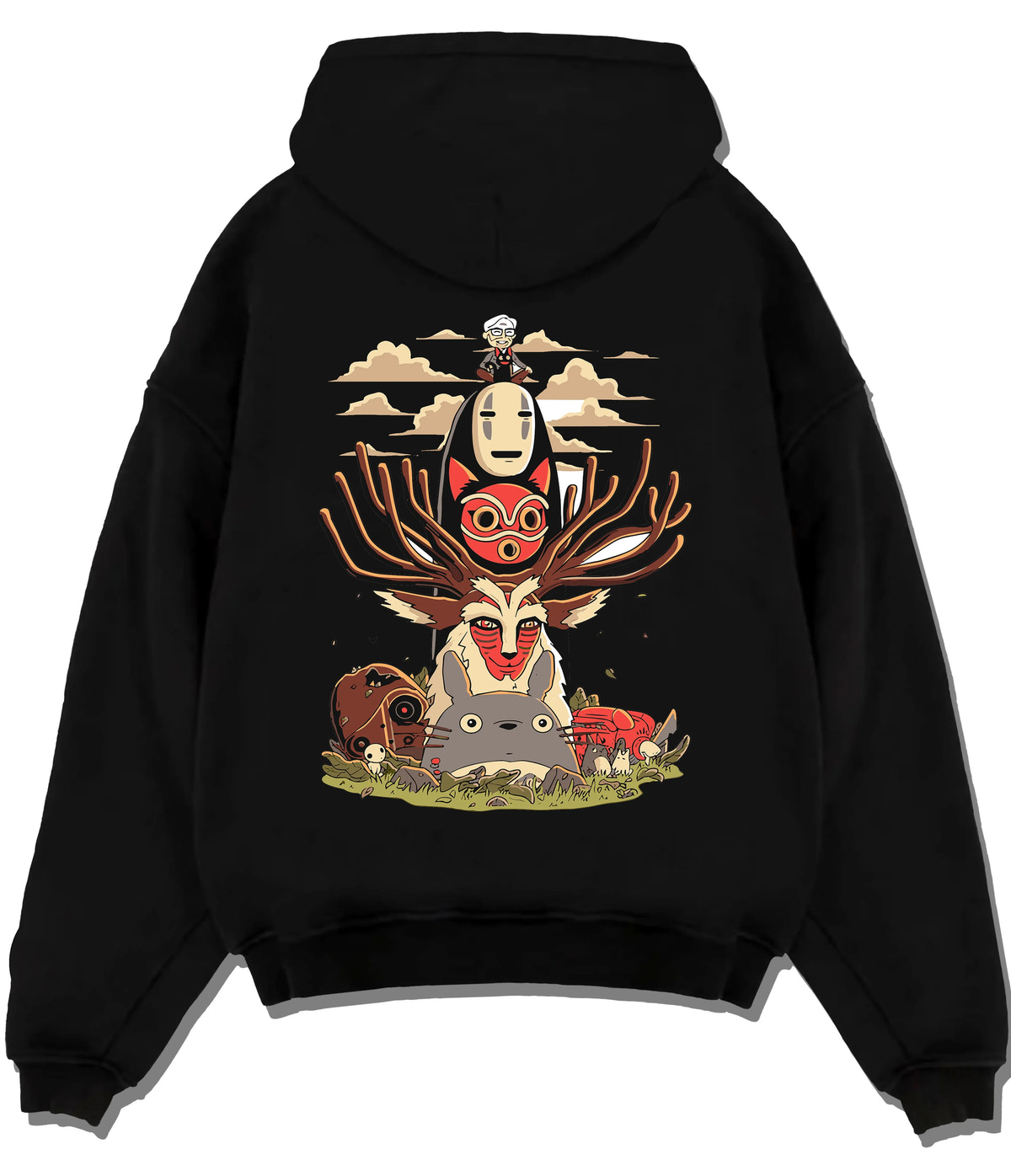 Black hoodie flat back view with No-Face and Spirited Away fantasy collage from Studio Ghibli - Spirited Away illustrated