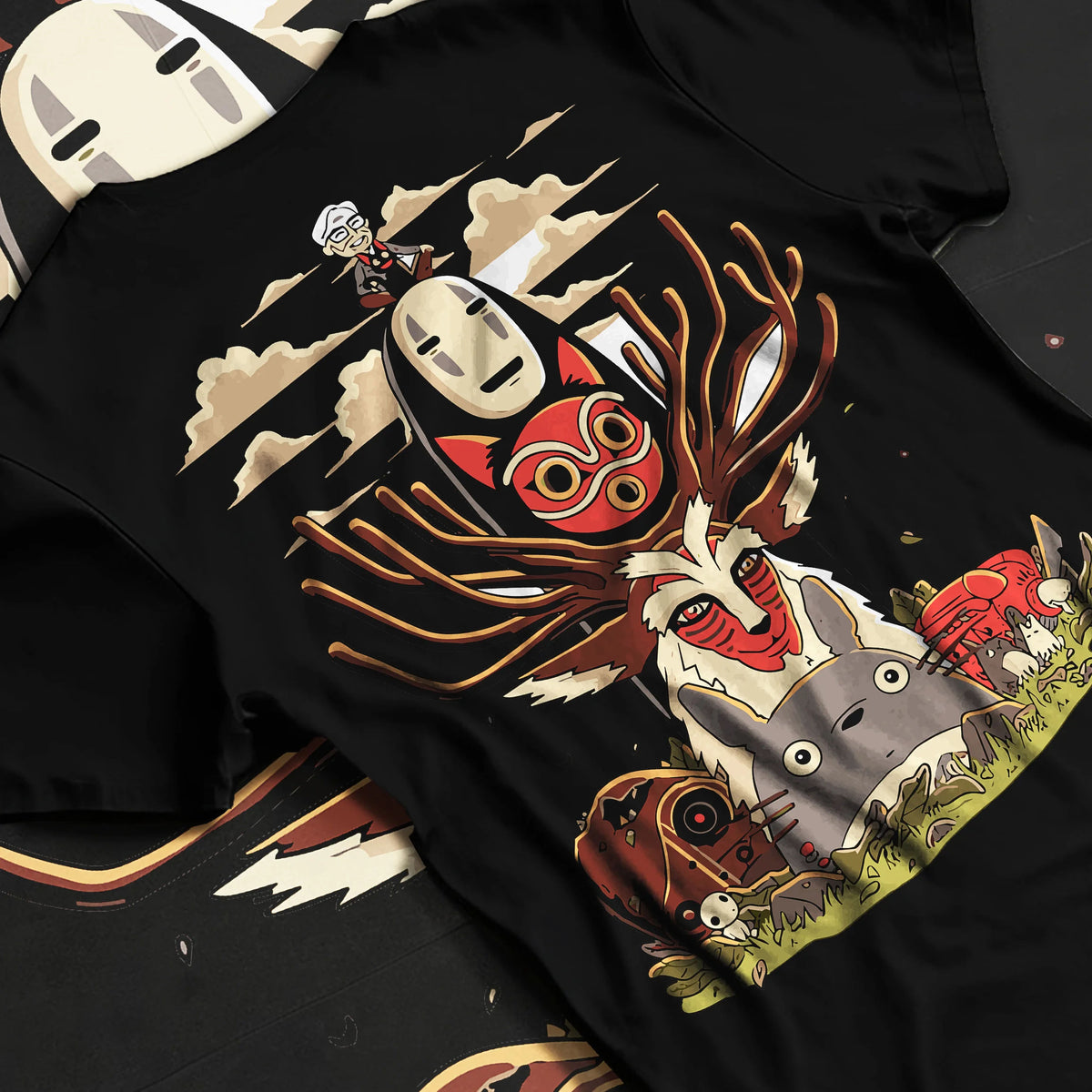 Black T-shirt flat back view with No-Face and Spirited Away fantasy collage from Studio Ghibli - Spirited Away illustrated